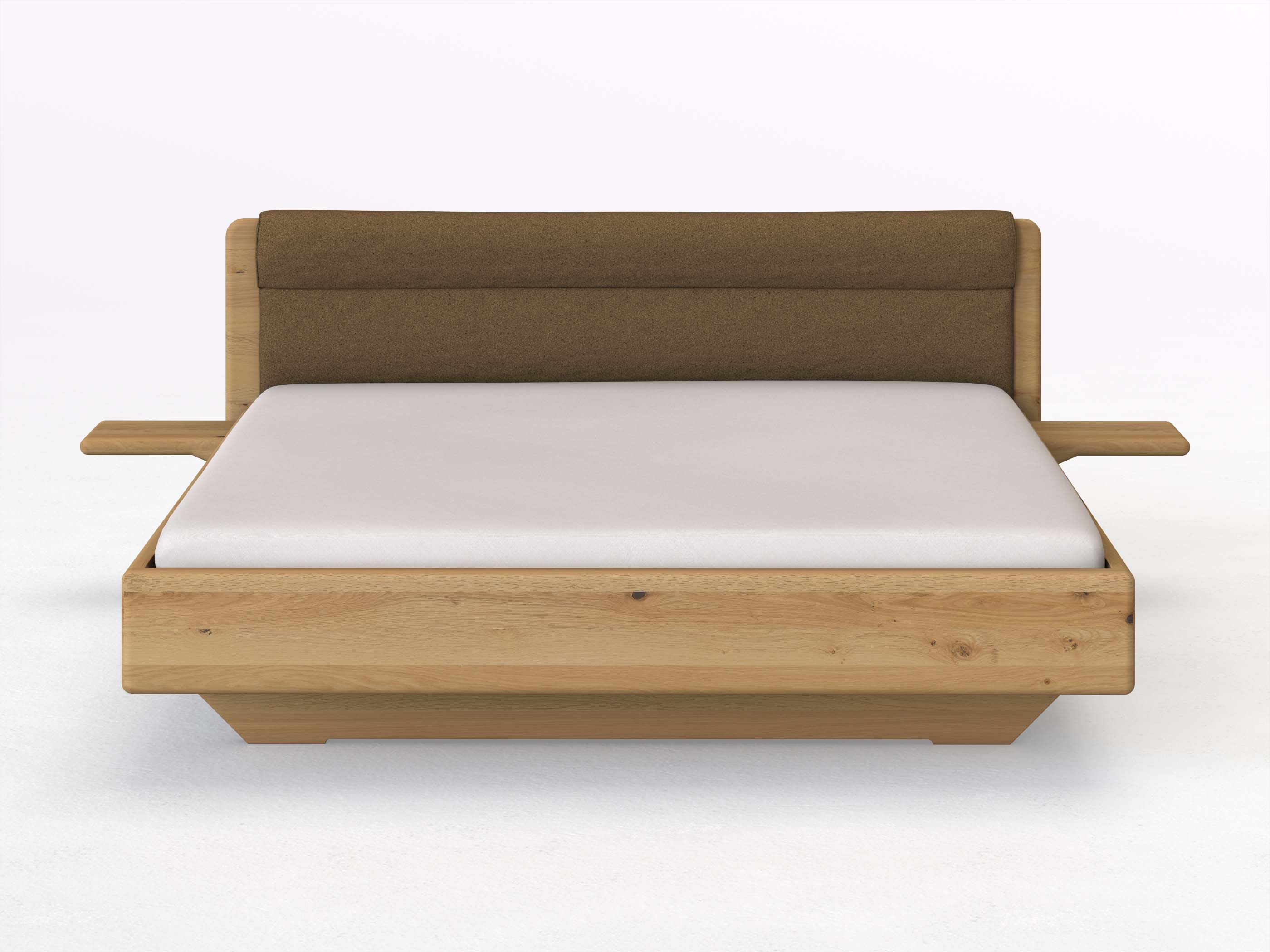 Wildeichenbett Hell „Valentina“ in 180 x 200 cm mit 2 Ablagen und Stoffkopfteil - Stoff: Schafschurwolle „Loden“ in der Farbe Zimtrinde