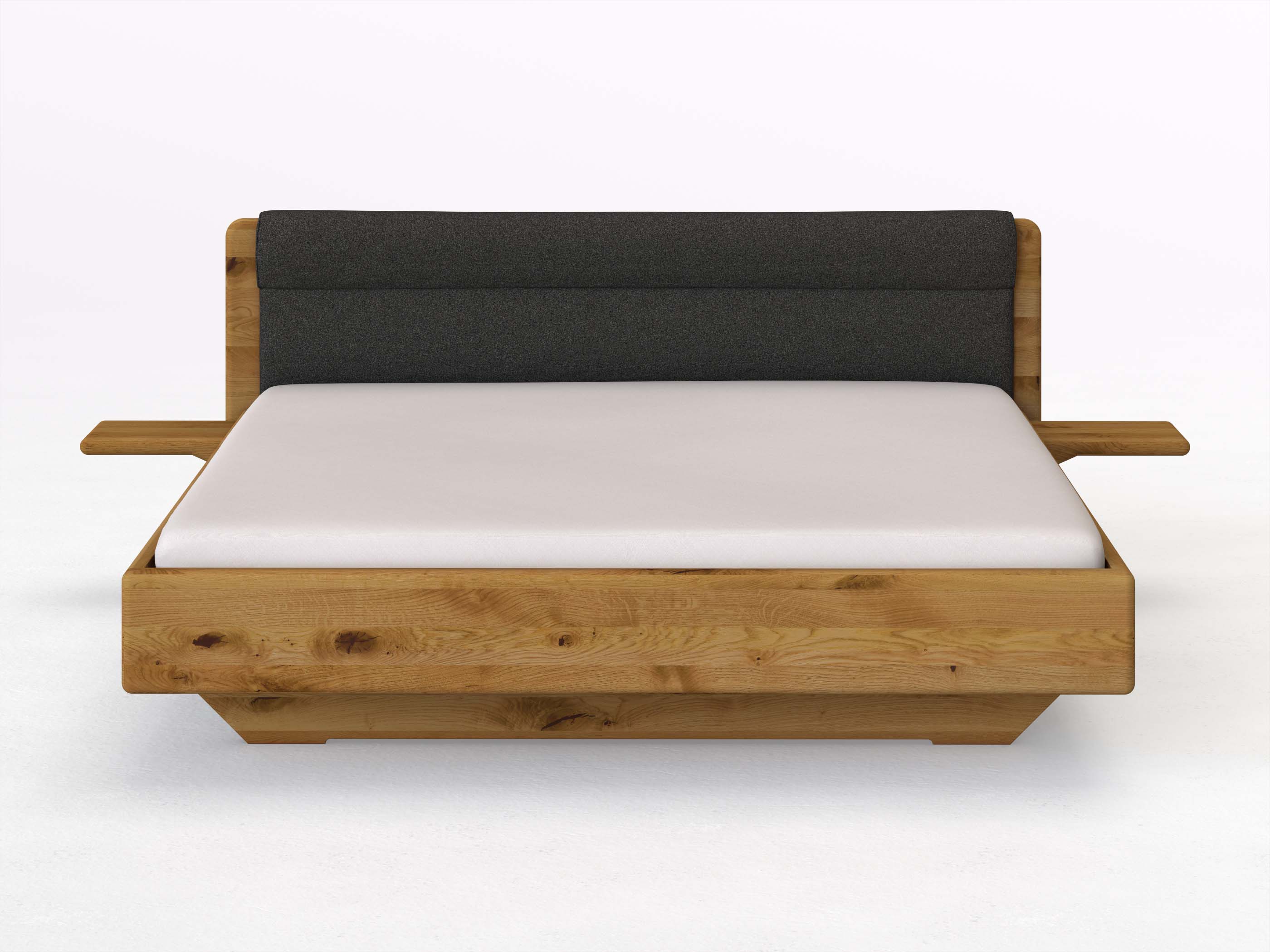 Wildeichenbett „Valentina“ in 180 x 200 cm mit 2 Ablagen und Stoffkopfteil - Stoff: Schafschurwolle „Loden“ in der Farbe Anthrazit