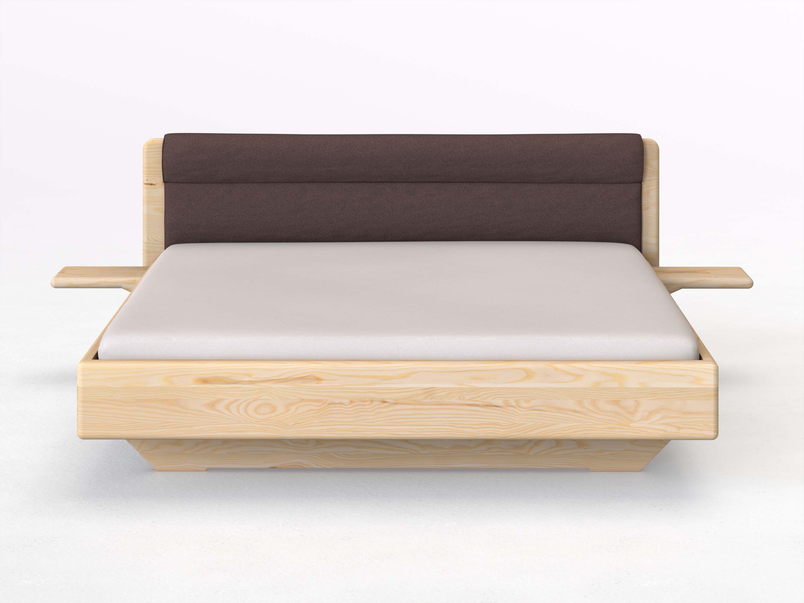 Eschenbett „Valentina“ in 180 x 200 cm mit 2 Ablagen und Stoffkopfteil - Stoff: Schafschurwolle „Loden“ in der Farbe Abenddämmerung