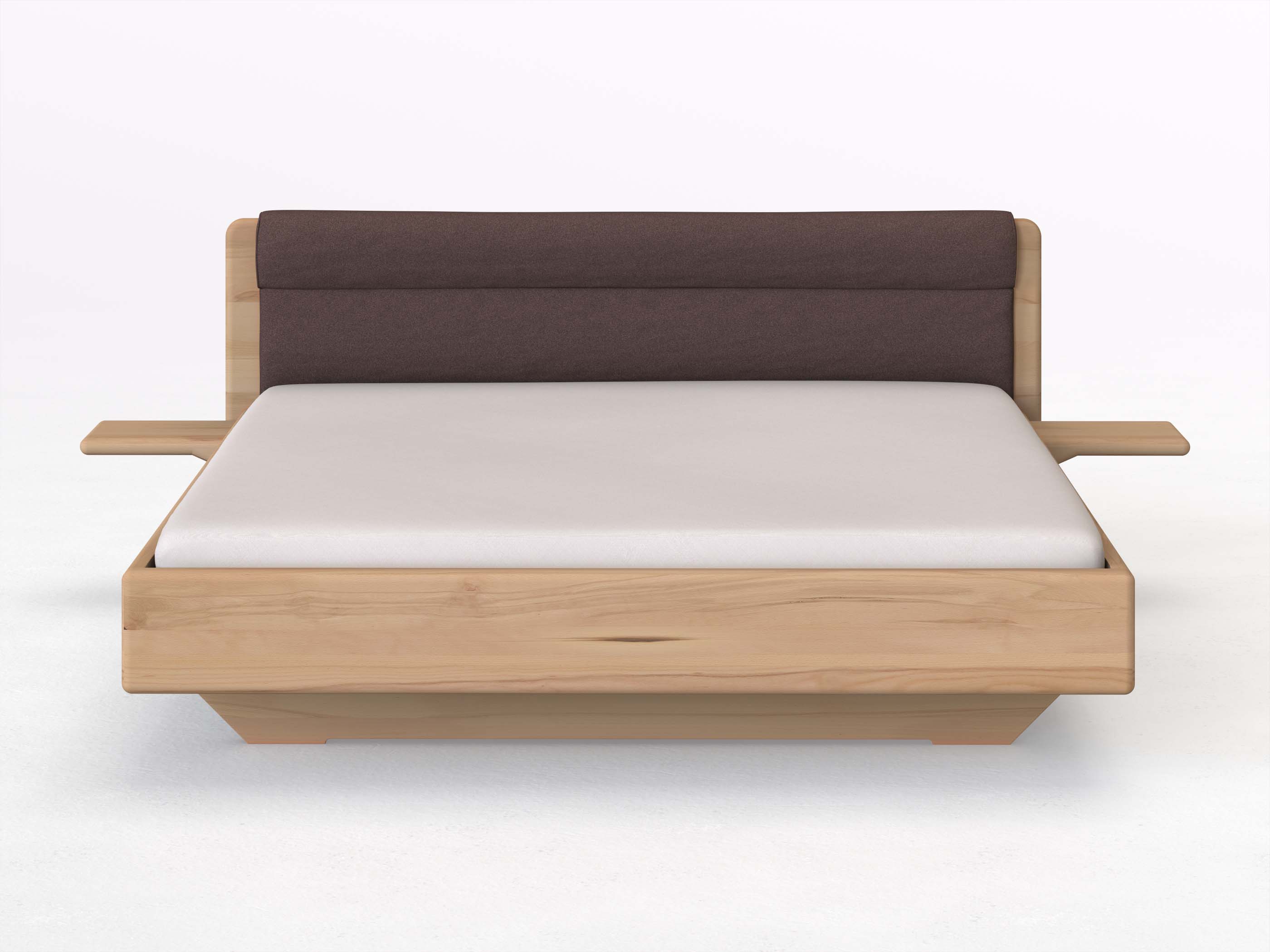 Buchenbett „Valentina“ in 180 x 200 cm mit 2 Ablagen und Stoffkopfteil - Stoff: Schafschurwolle „Loden“ in der Farbe Abenddämmerung