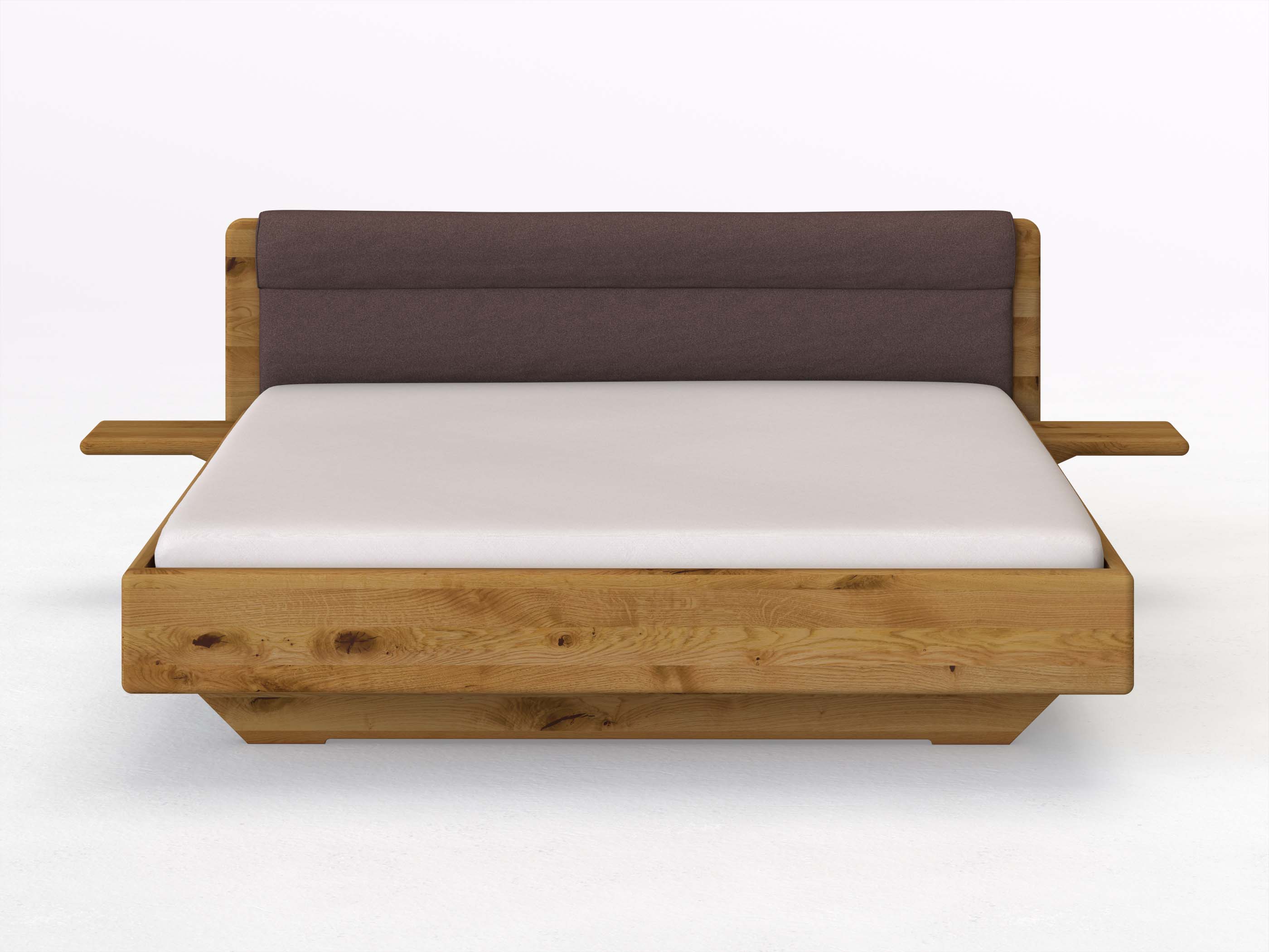 Wildeichenbett „Valentina“ in 180 x 200 cm mit 2 Ablagen und Stoffkopfteil - Stoff: Schafschurwolle „Loden“ in der Farbe Abenddämmerung