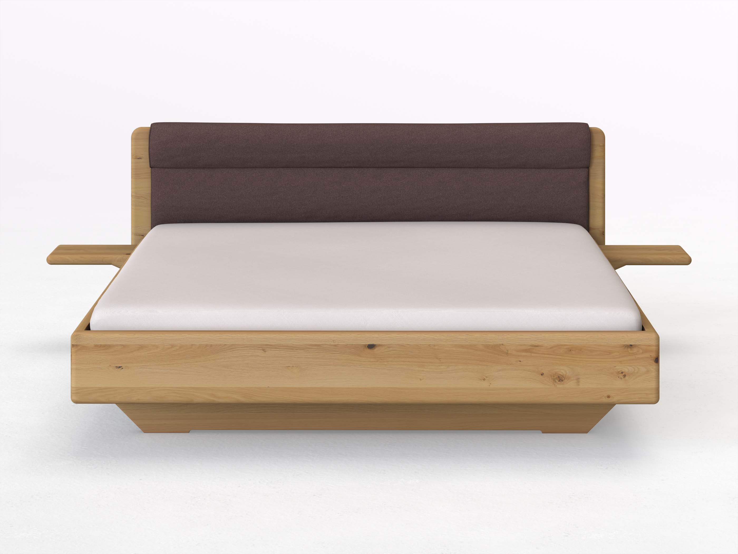 Wildeichenbett Hell „Valentina“ in 180 x 200 cm mit 2 Ablagen und Stoffkopfteil - Stoff: Schafschurwolle „Loden“ in der Farbe Abenddämmerung