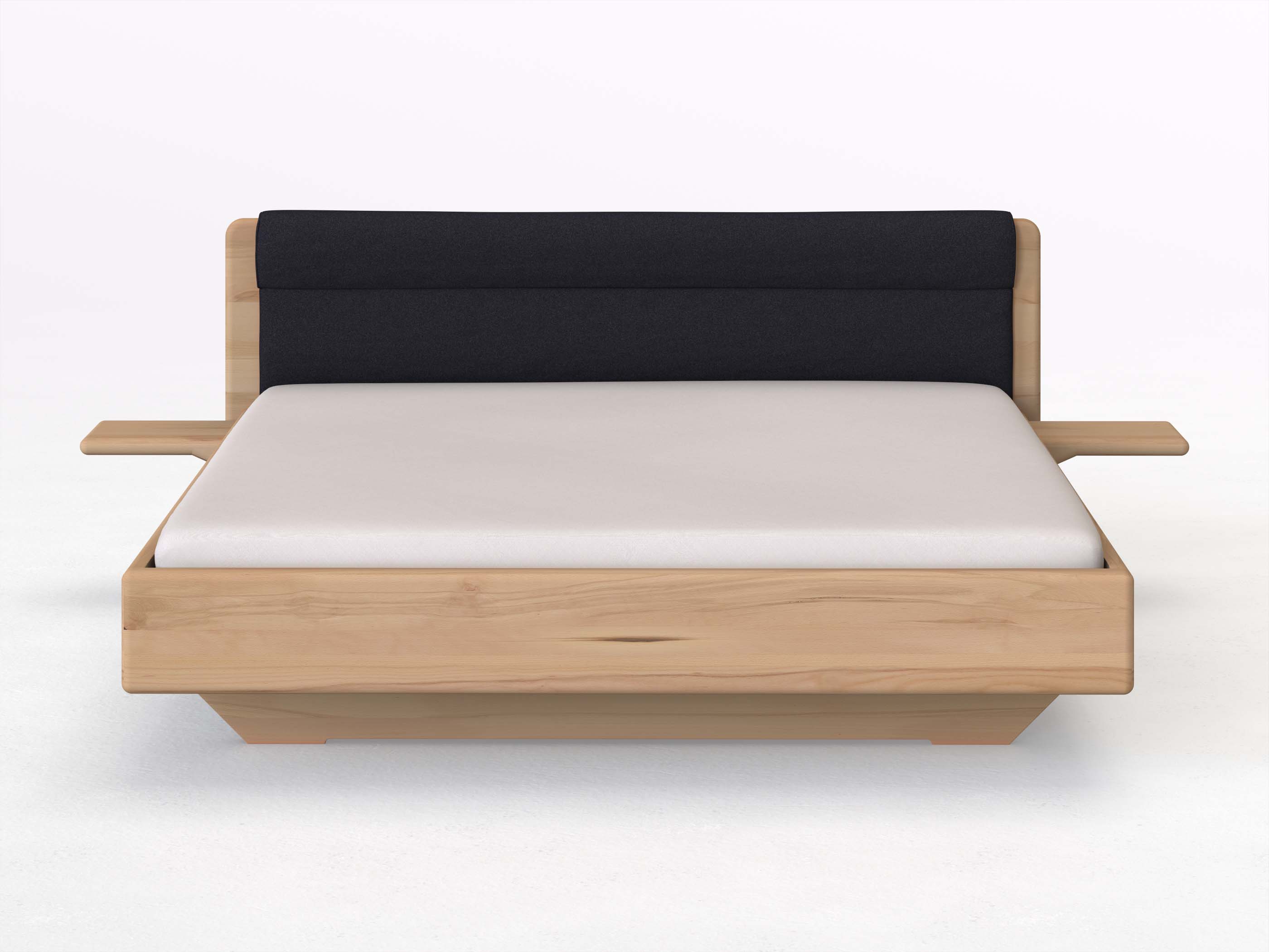 Buchenbett „Valentina“ in 180 x 200 cm mit 2 Ablagen und Stoffkopfteil - Stoff: Schafschurwolle „Loden“ in der Farbe Nachtblau