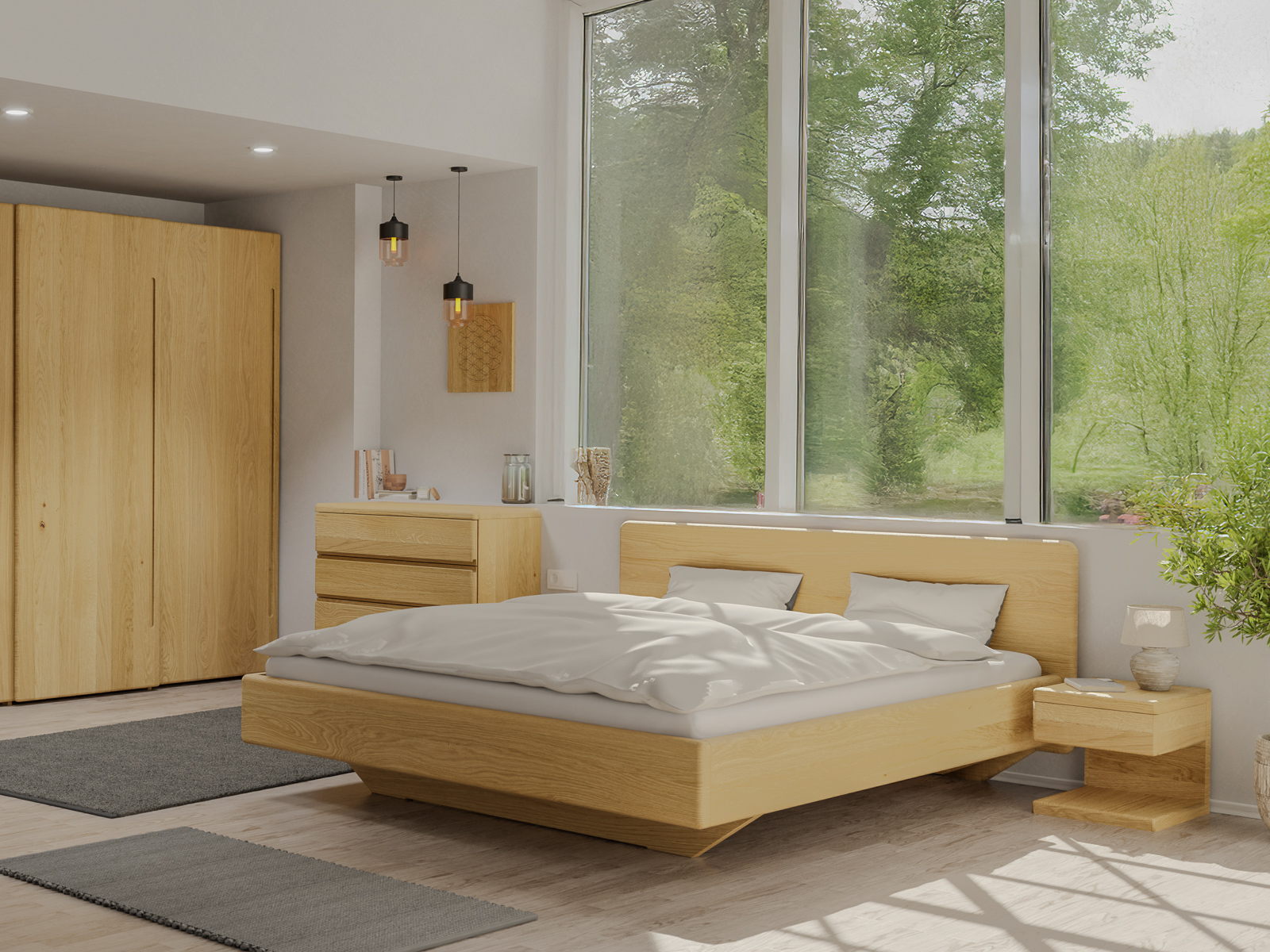 Schlafzimmer mit Eichenbett Hell „Valentina“ in 180 x 200 cm