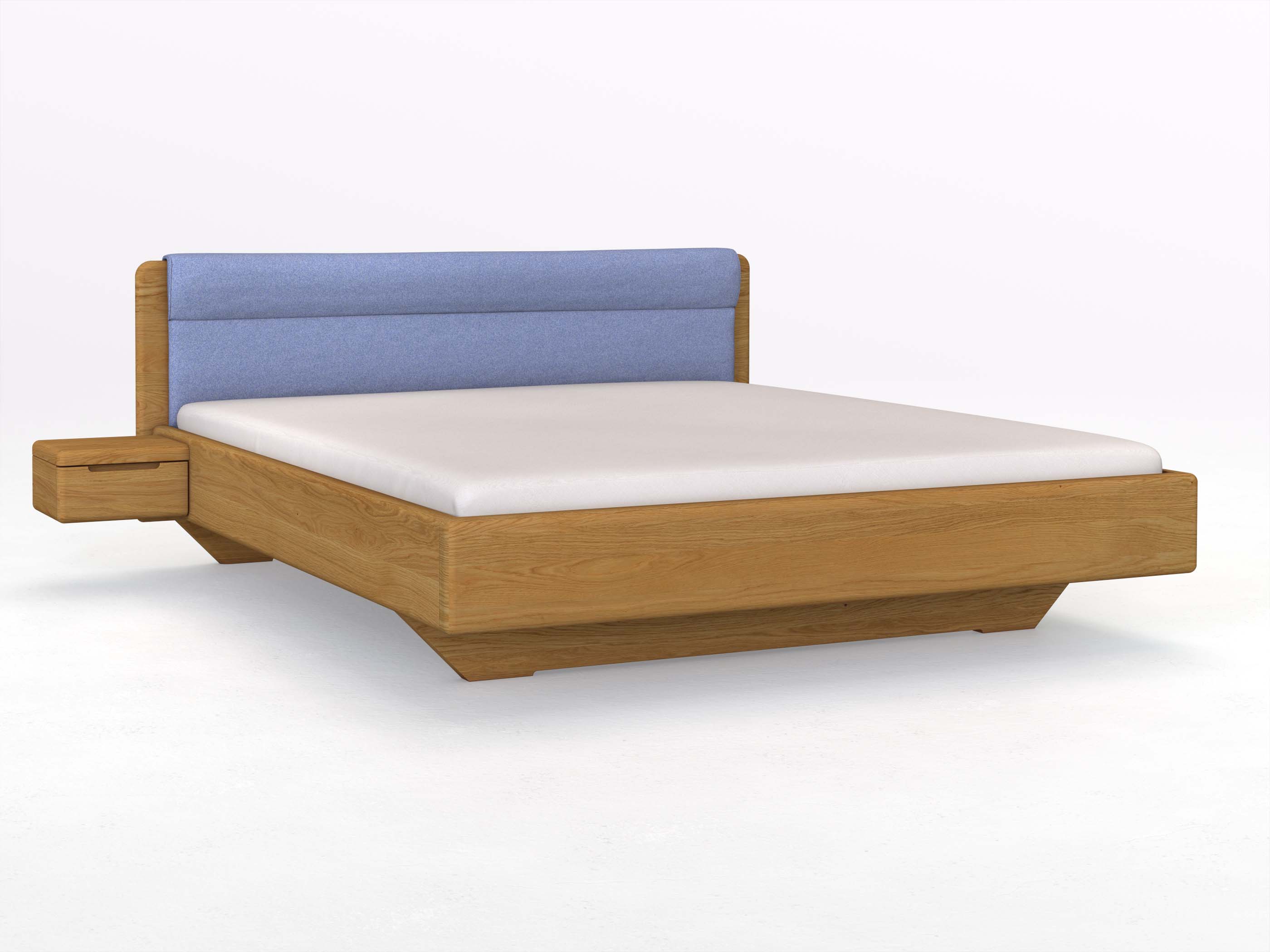 Eichenbett „Valentina“ in 180 x 200 cm mit 2 Nachttischen - Griff: Griffleiste B und mit Stoffkopfteil - Stoff: Schafschurwolle „Fischgrät“ in der Farbe Kornblume