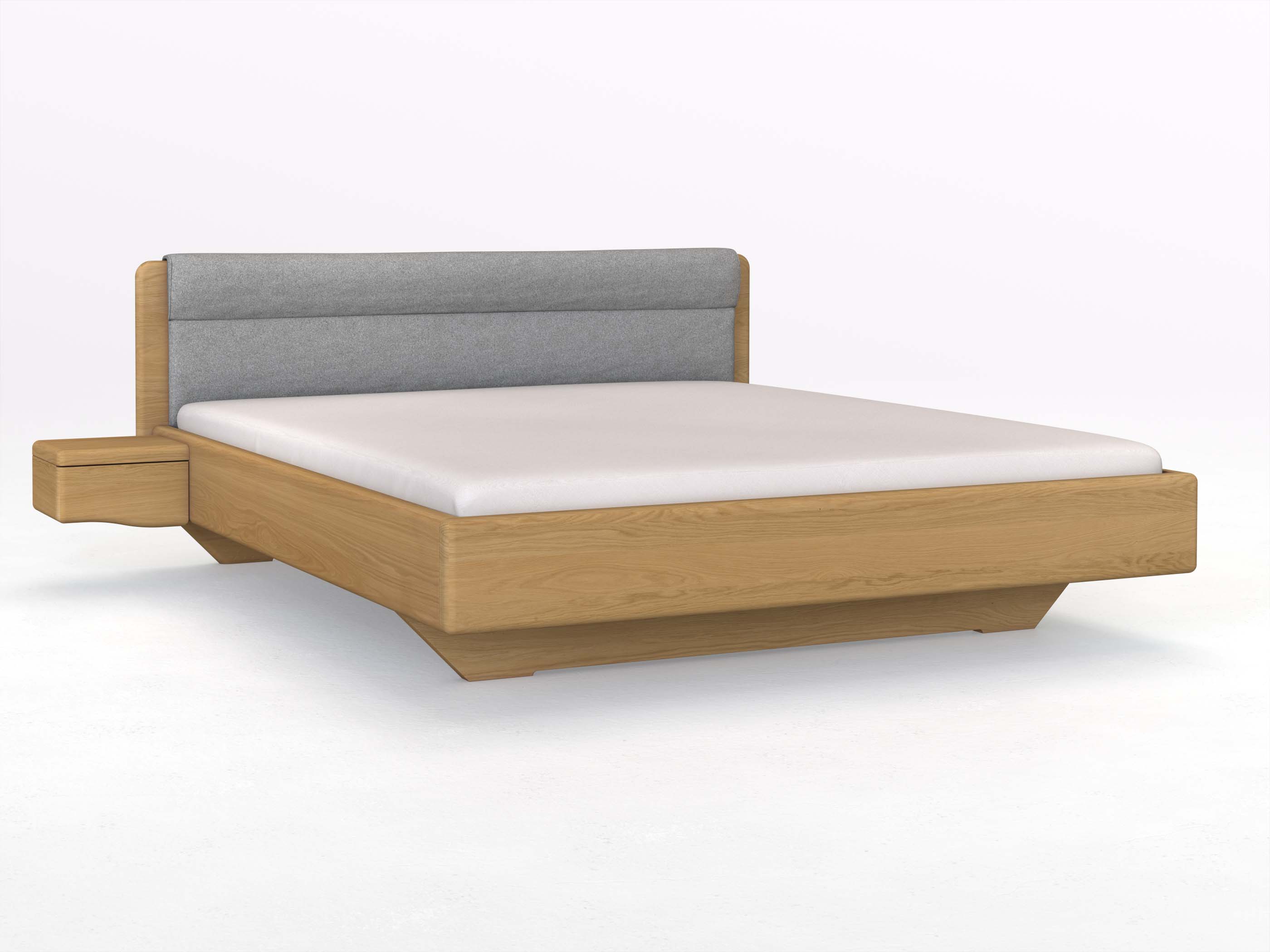 Eichenbett Hell „Valentina“ in 180 x 200 cm mit 2 Nachttischen - Griff: Welle und mit Stoffkopfteil - Stoff: Schafschurwolle „Loden“ in der Farbe Nebelgrau