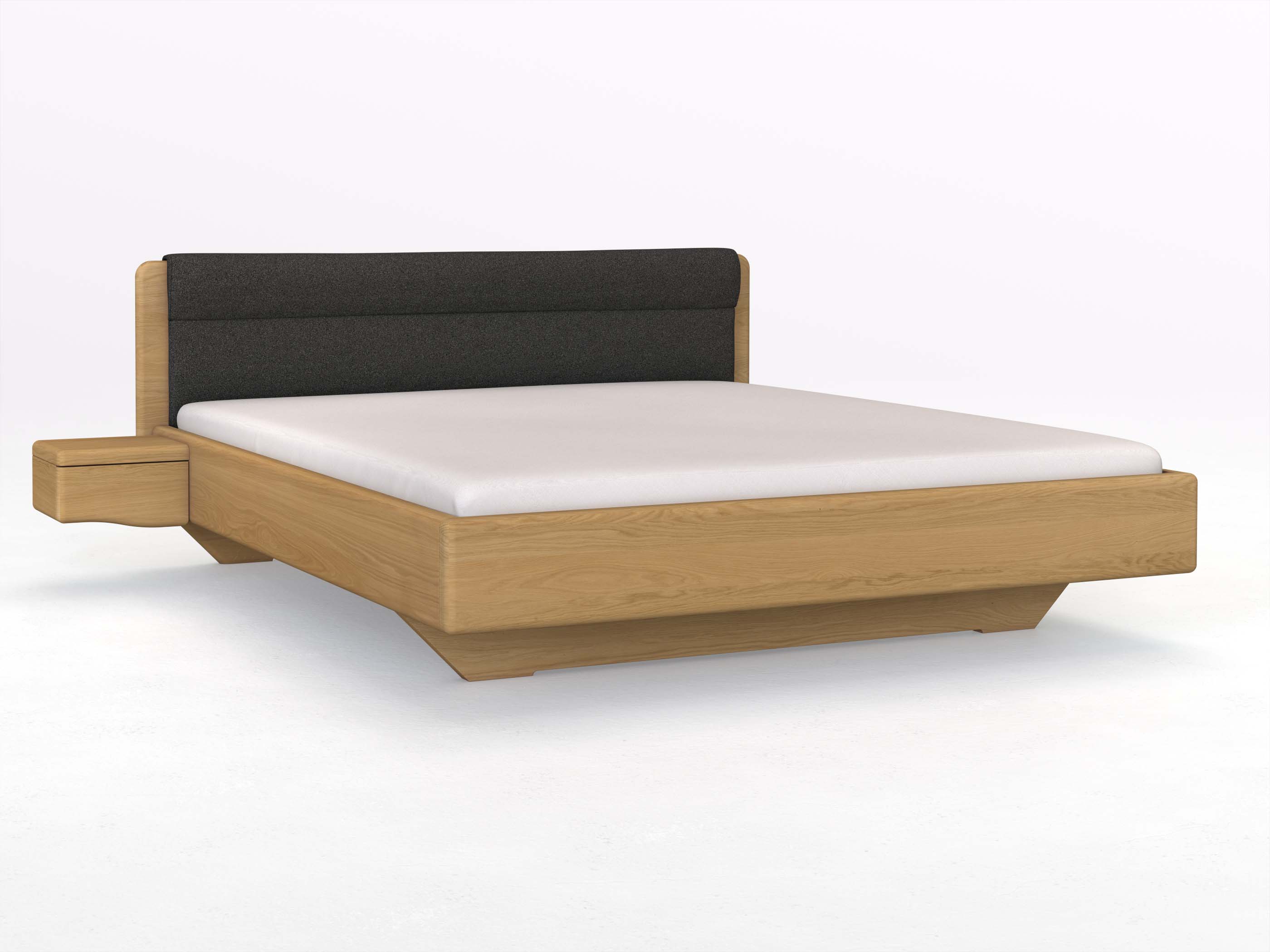 Eichenbett Hell „Valentina“ in 180 x 200 cm mit 2 Nachttischen - Griff: Welle und mit Stoffkopfteil - Stoff: Schafschurwolle „Loden“ in der Farbe Anthrazit