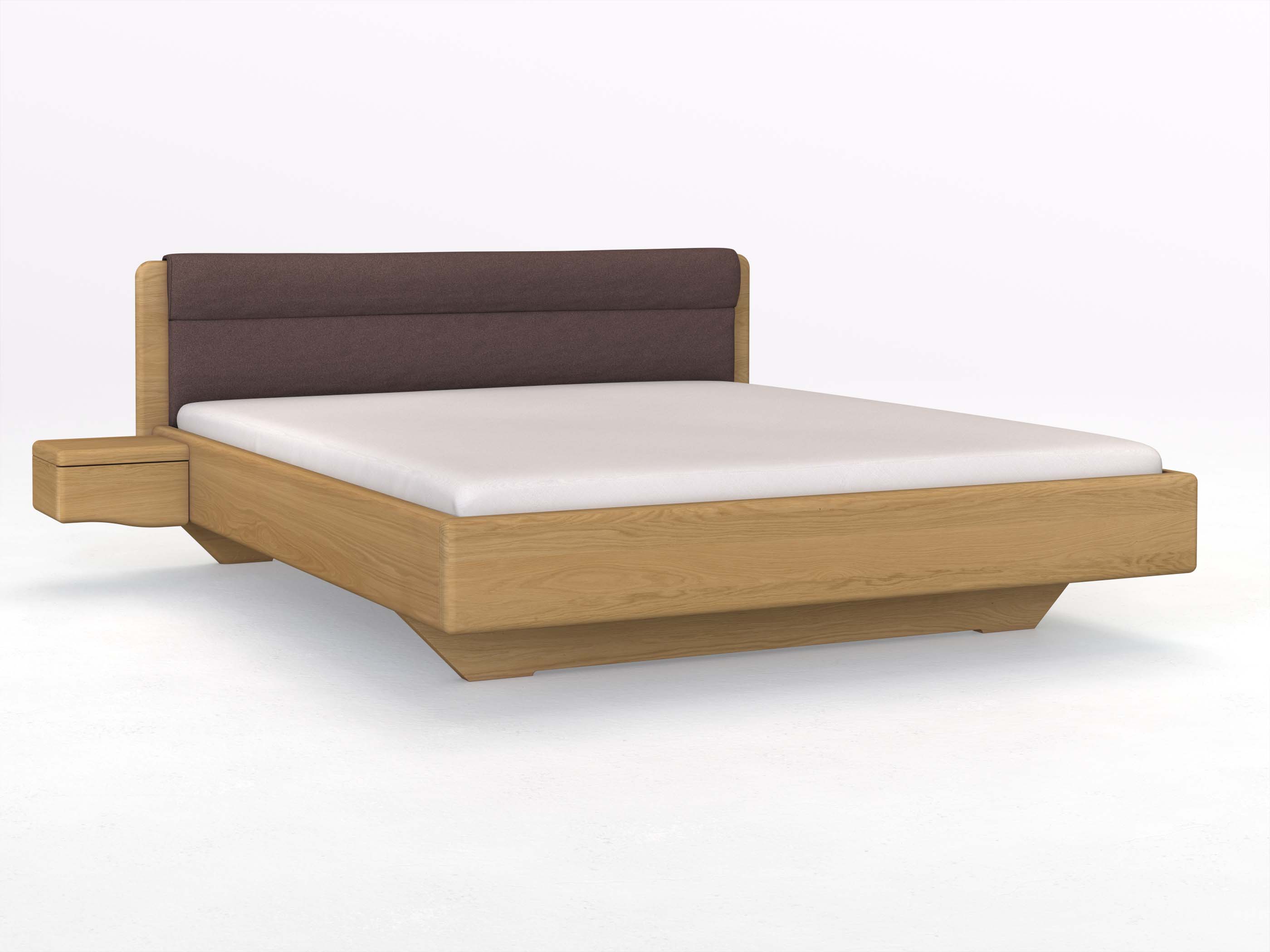 Eichenbett Hell „Valentina“ in 180 x 200 cm mit 2 Nachttischen - Griff: Welle und mit Stoffkopfteil - Stoff: Schafschurwolle „Loden“ in der Farbe Abenddämmerung