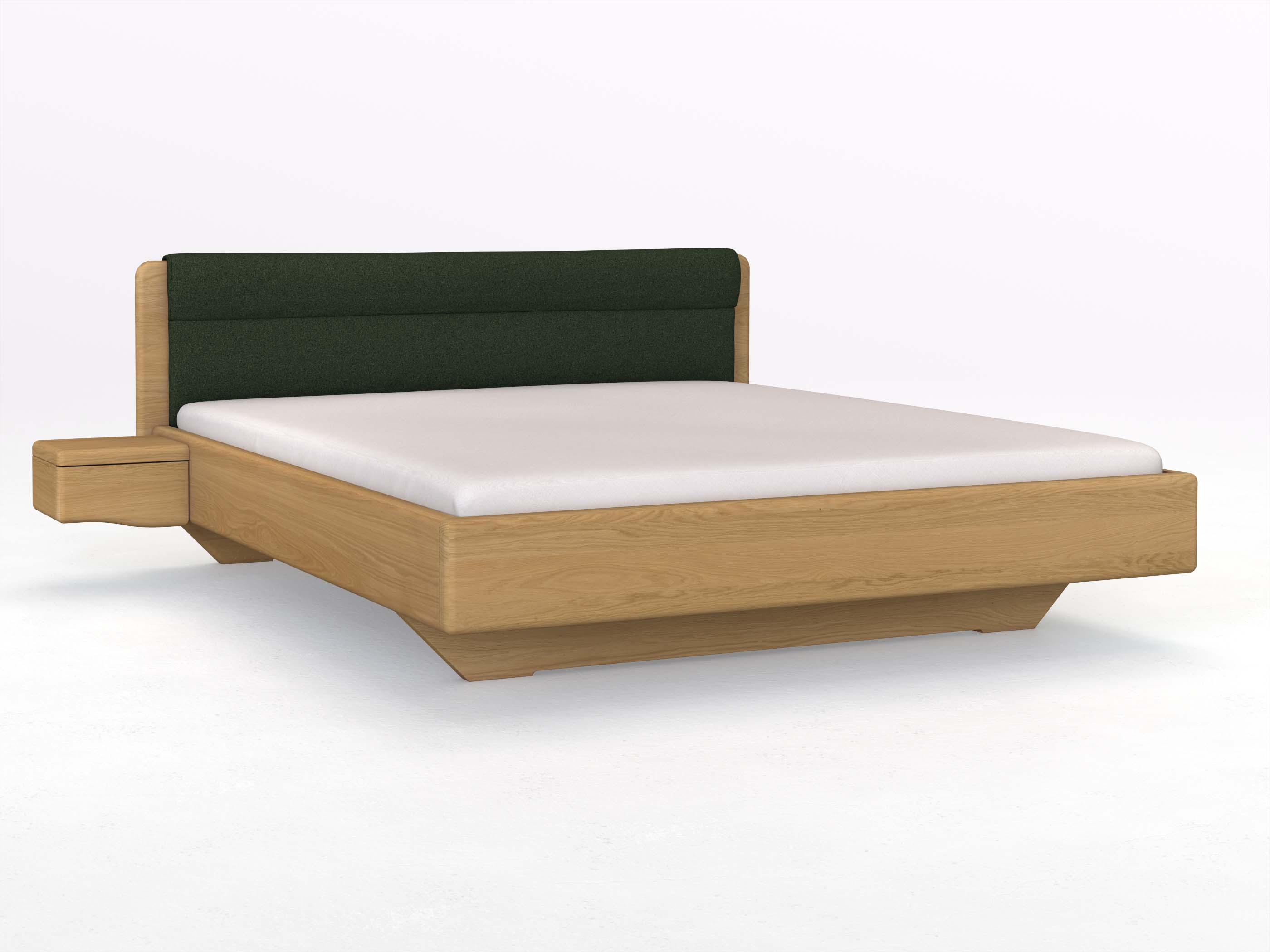 Eichenbett Hell „Valentina“ in 180 x 200 cm mit 2 Nachttischen - Griff: Welle und mit Stoffkopfteil - Stoff: Schafschurwolle „Loden“ in der Farbe Tannenwald
