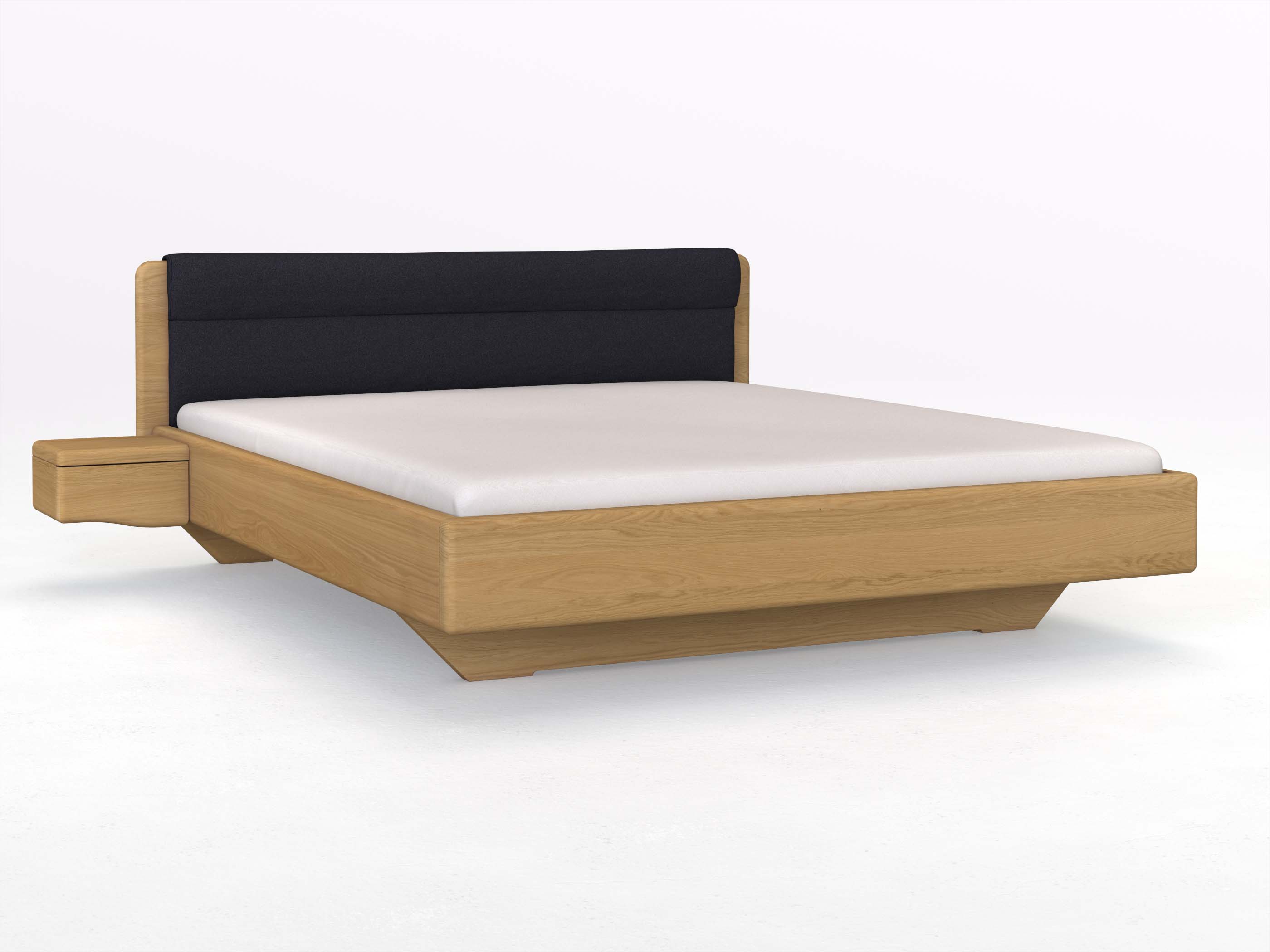 Eichenbett Hell „Valentina“ in 180 x 200 cm mit 2 Nachttischen - Griff: Welle und mit Stoffkopfteil - Stoff: Schafschurwolle „Loden“ in der Farbe Nachtblau