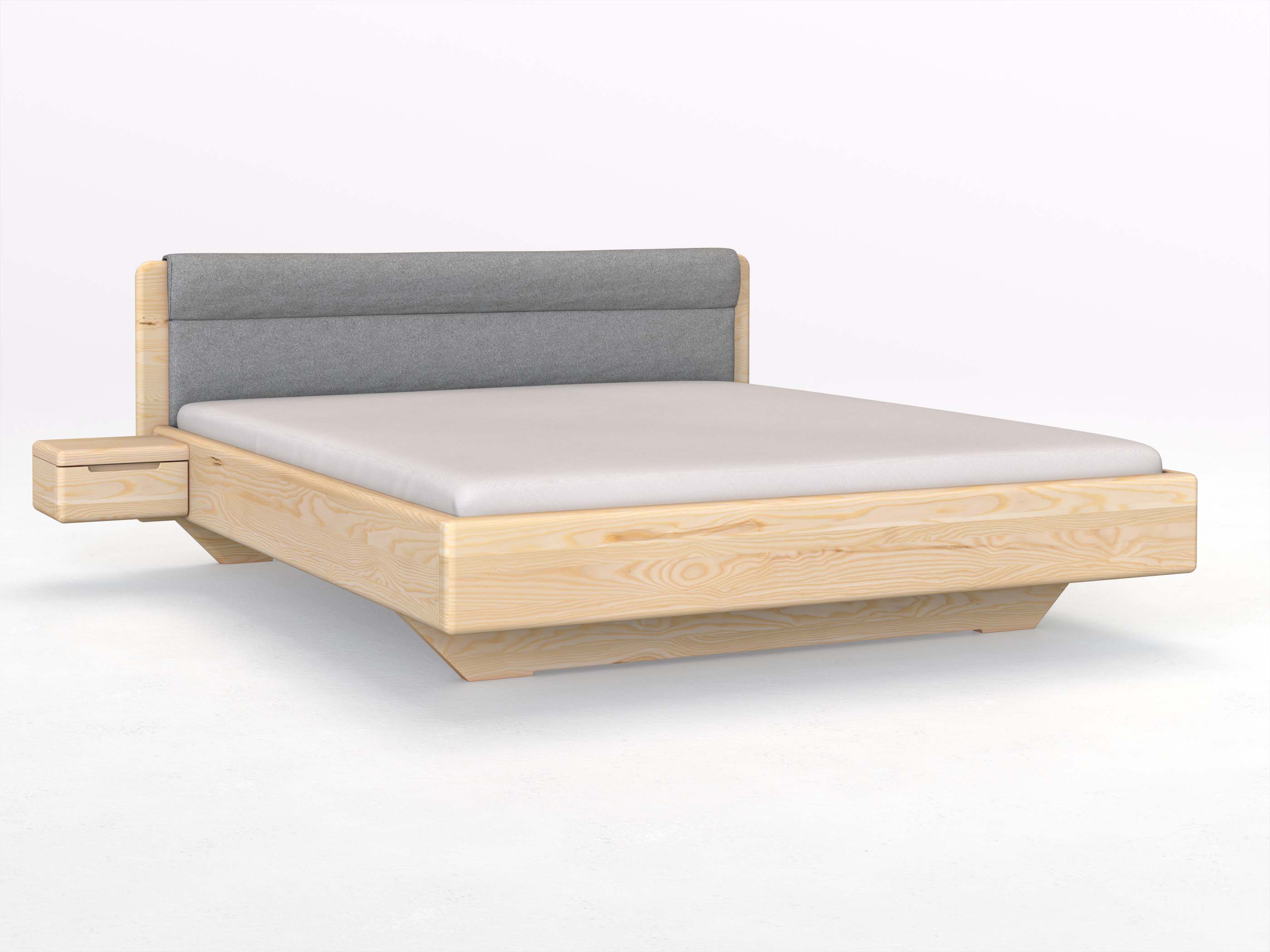 Eschenbett „Valentina“ in 180 x 200 cm mit 2 Nachttischen - Griff: Griffleiste B und mit Stoffkopfteil - Stoff: Schafschurwolle „Loden“ in der Farbe Nebelgrau