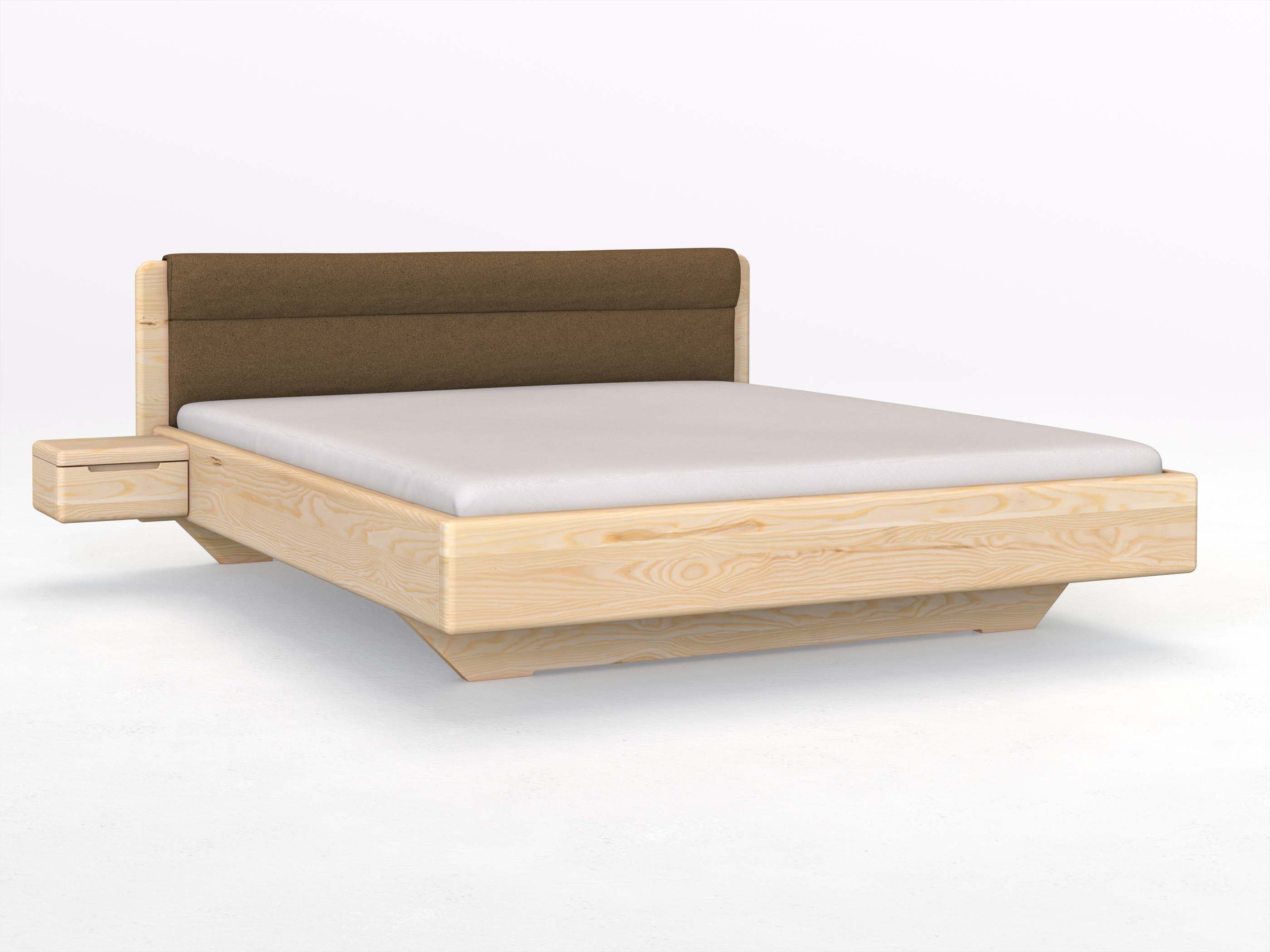 Eschenbett „Valentina“ in 180 x 200 cm mit 2 Nachttischen - Griff: Griffleiste B und mit Stoffkopfteil - Stoff: Schafschurwolle „Loden“ in der Farbe Zimtrinde