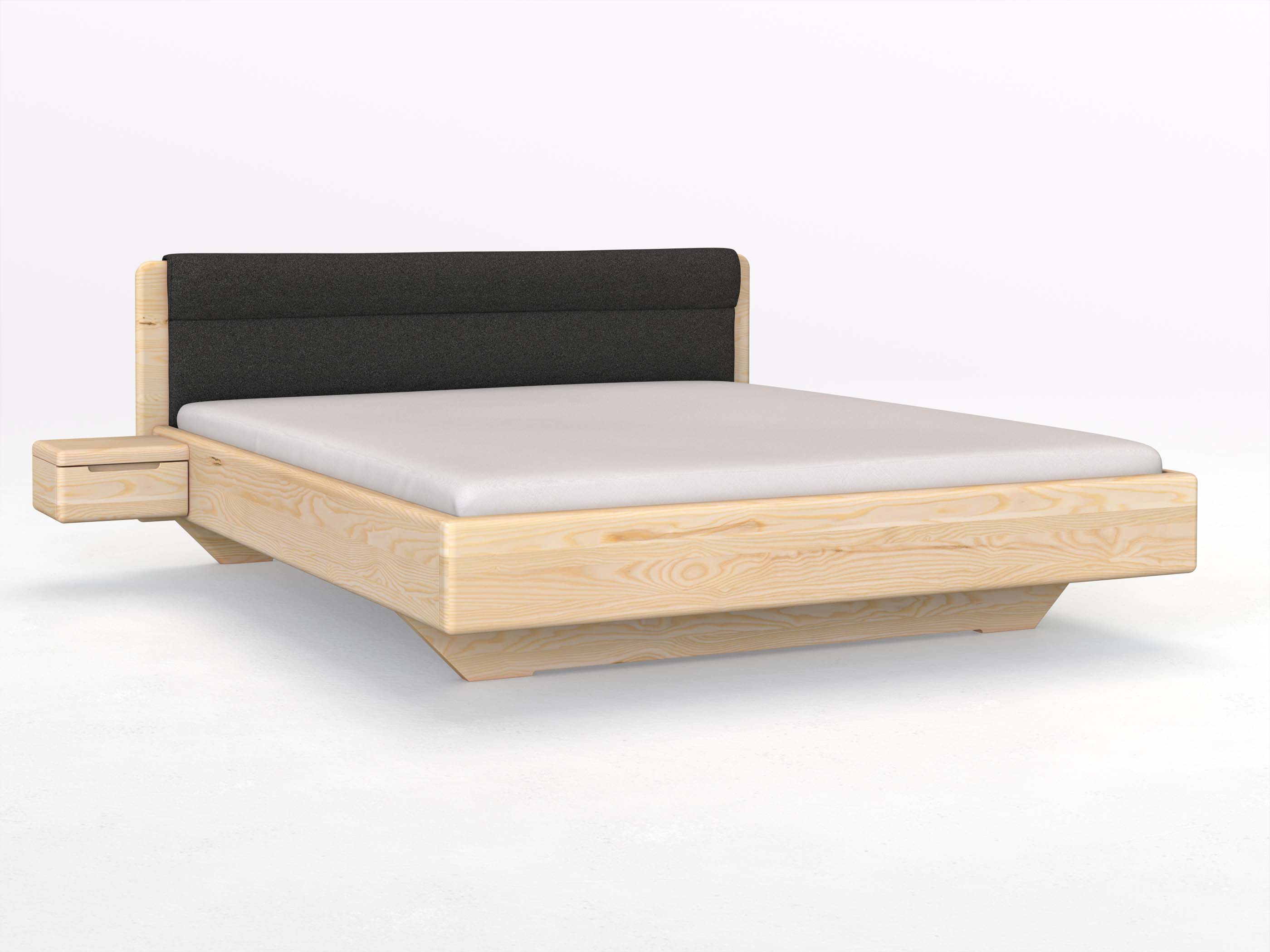 Eschenbett „Valentina“ in 180 x 200 cm mit 2 Nachttischen - Griff: Griffleiste B und mit Stoffkopfteil - Stoff: Schafschurwolle „Loden“ in der Farbe Anthrazit