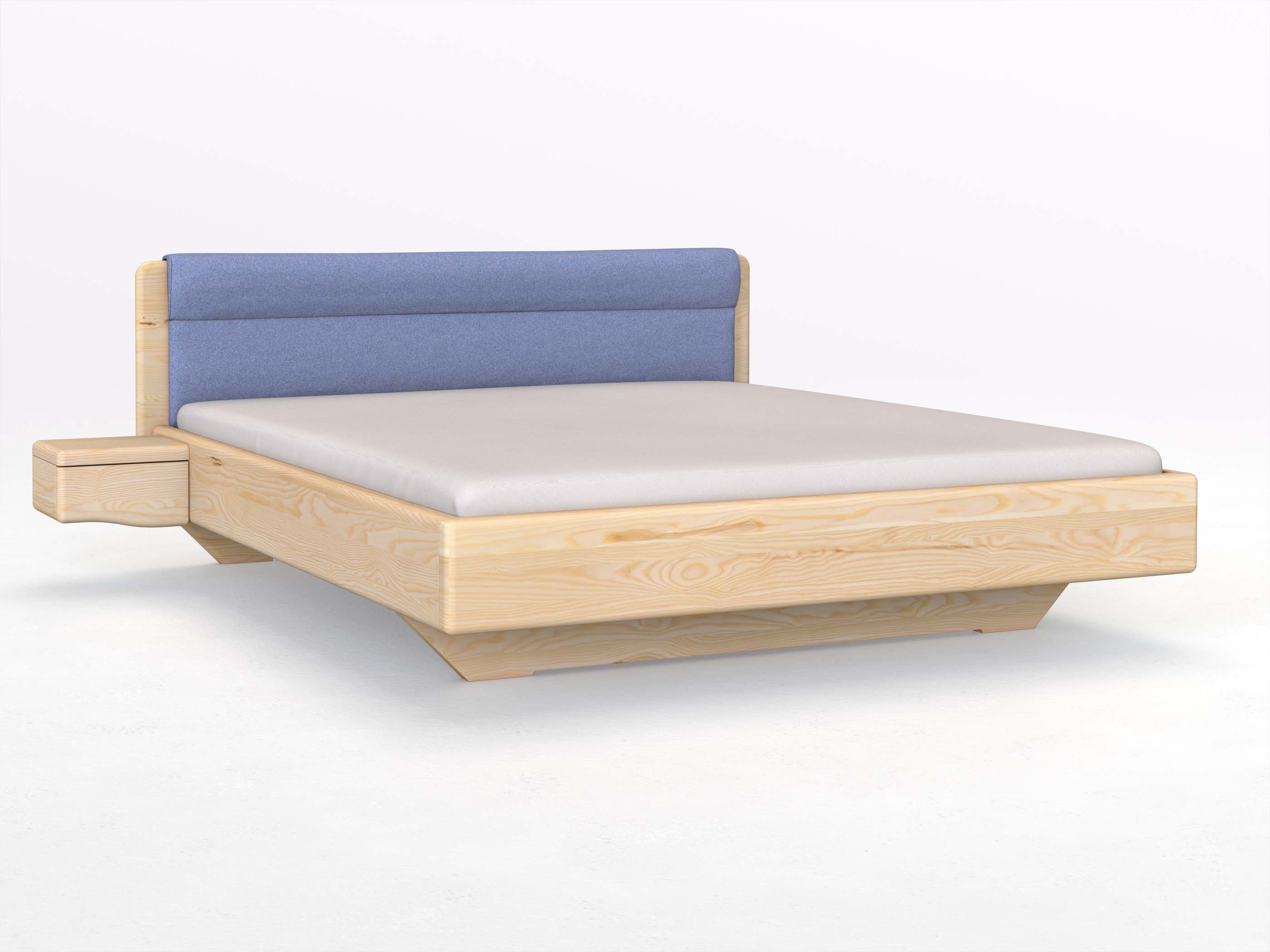 Eschenbett „Valentina“ in 180 x 200 cm mit 2 Nachttischen - Griff: Welle und mit Stoffkopfteil - Stoff: Schafschurwolle „Fischgrät“ in der Farbe Kornblume