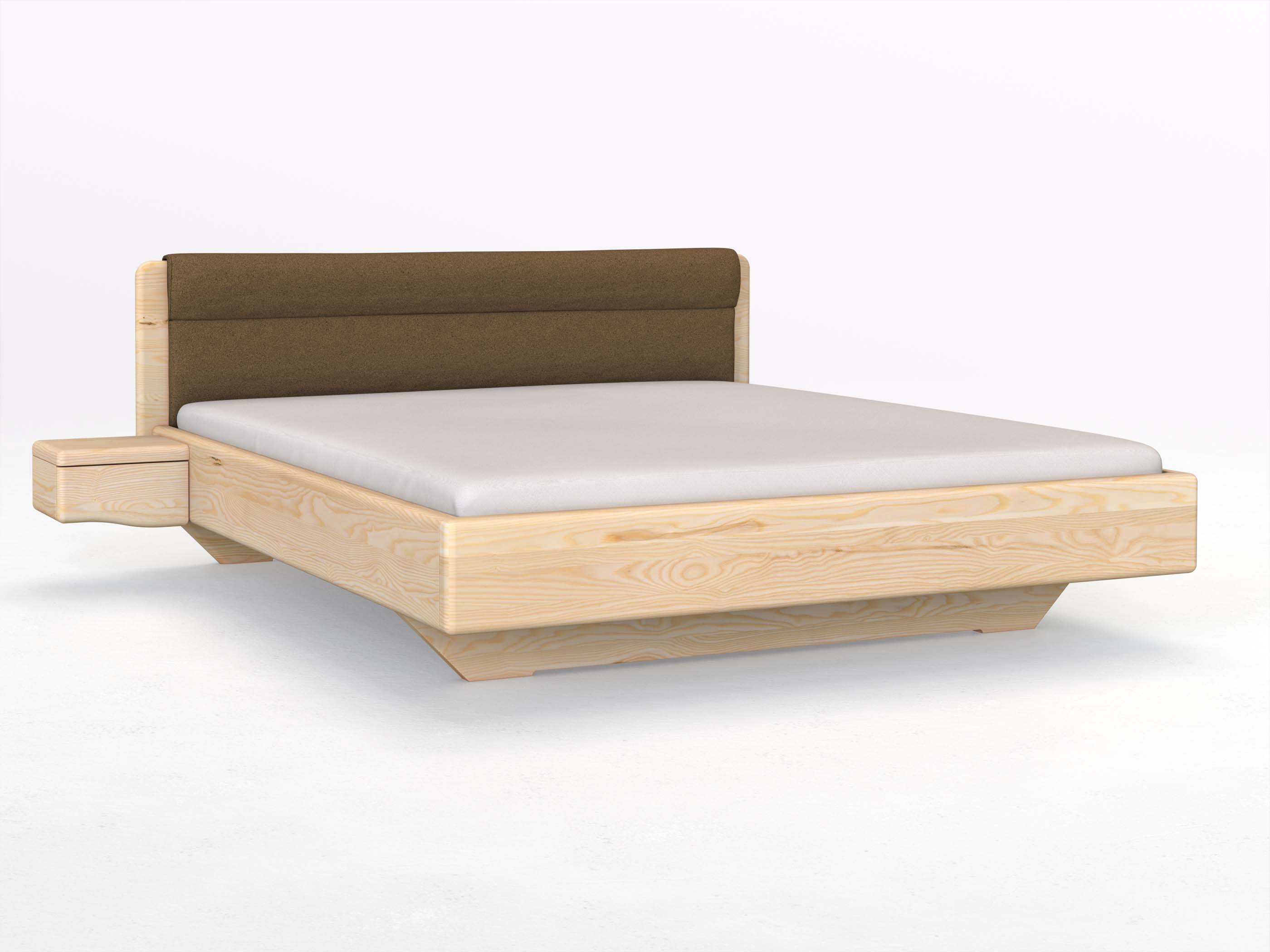 Eschenbett „Valentina“ in 180 x 200 cm mit 2 Nachttischen - Griff: Welle und mit Stoffkopfteil - Stoff: Schafschurwolle „Loden“ in der Farbe Zimtrinde