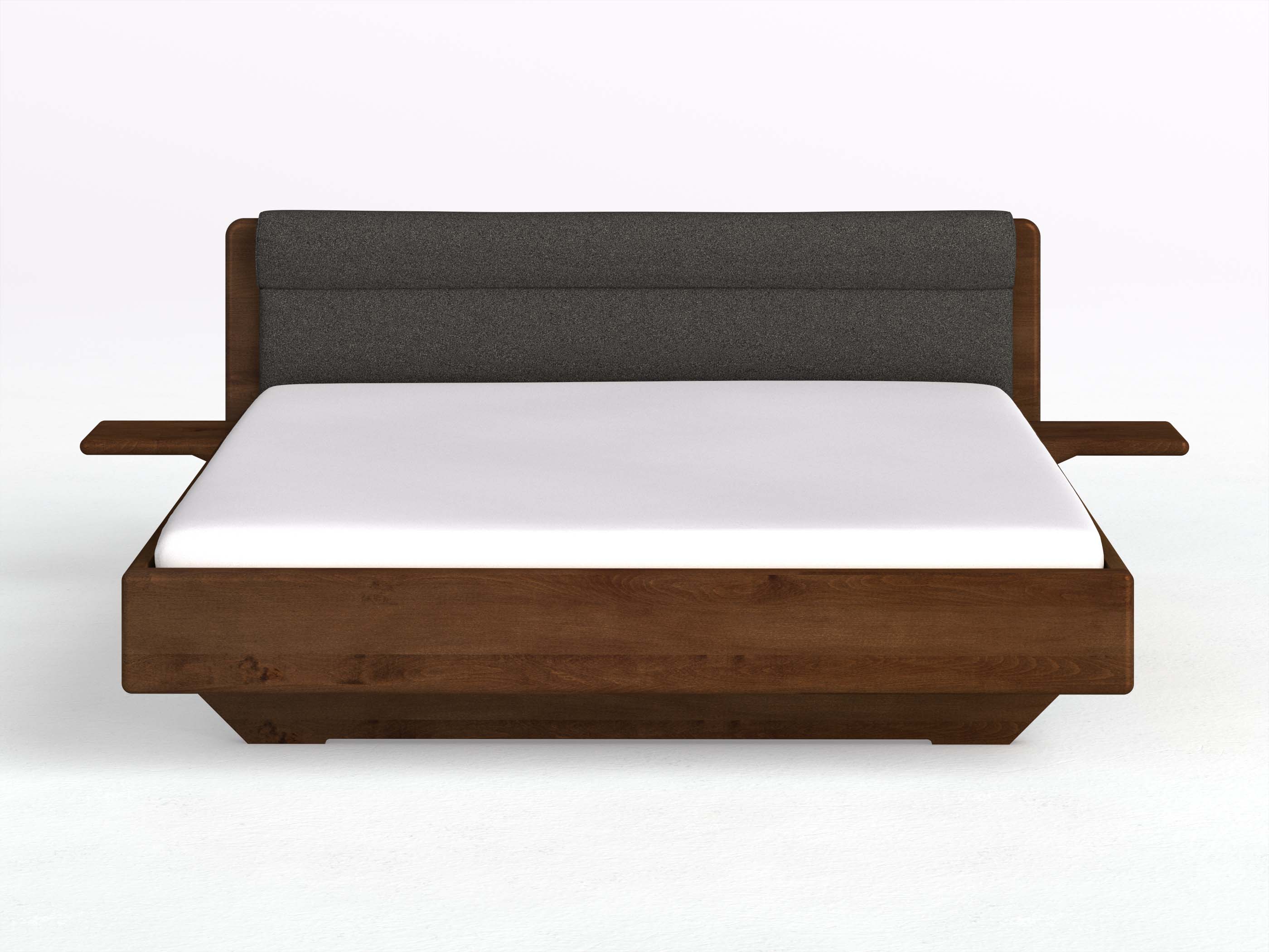 Buchenbett Dunkel „Valentina“ in 180 x 200 cm mit 2 Ablagen und Stoffkopfteil - Stoff: Schafschurwolle „Loden“ in der Farbe Anthrazit