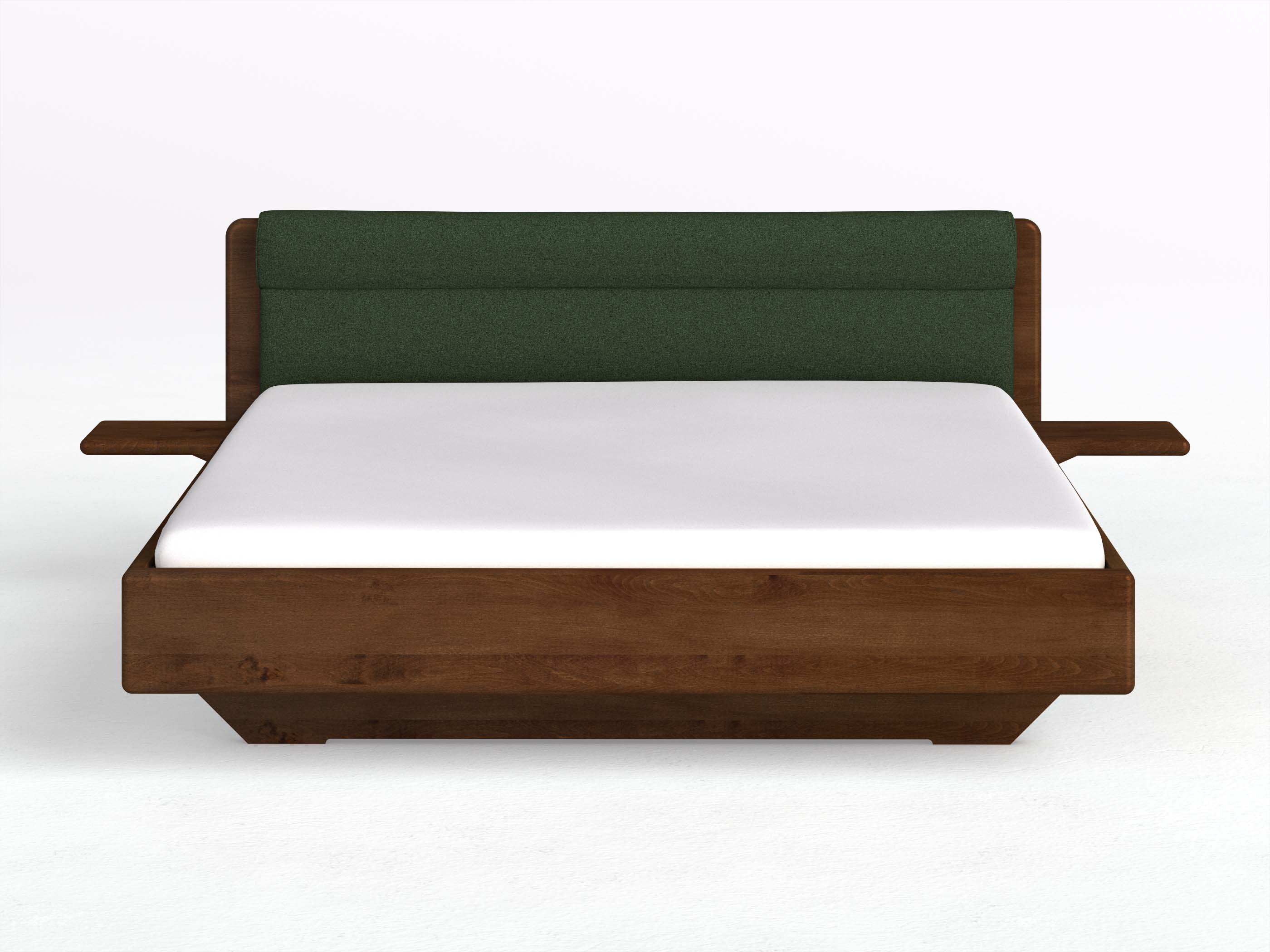 Buchenbett Dunkel „Valentina“ in 180 x 200 cm mit 2 Ablagen und Stoffkopfteil - Stoff: Schafschurwolle „Loden“ in der Farbe Tannenwald