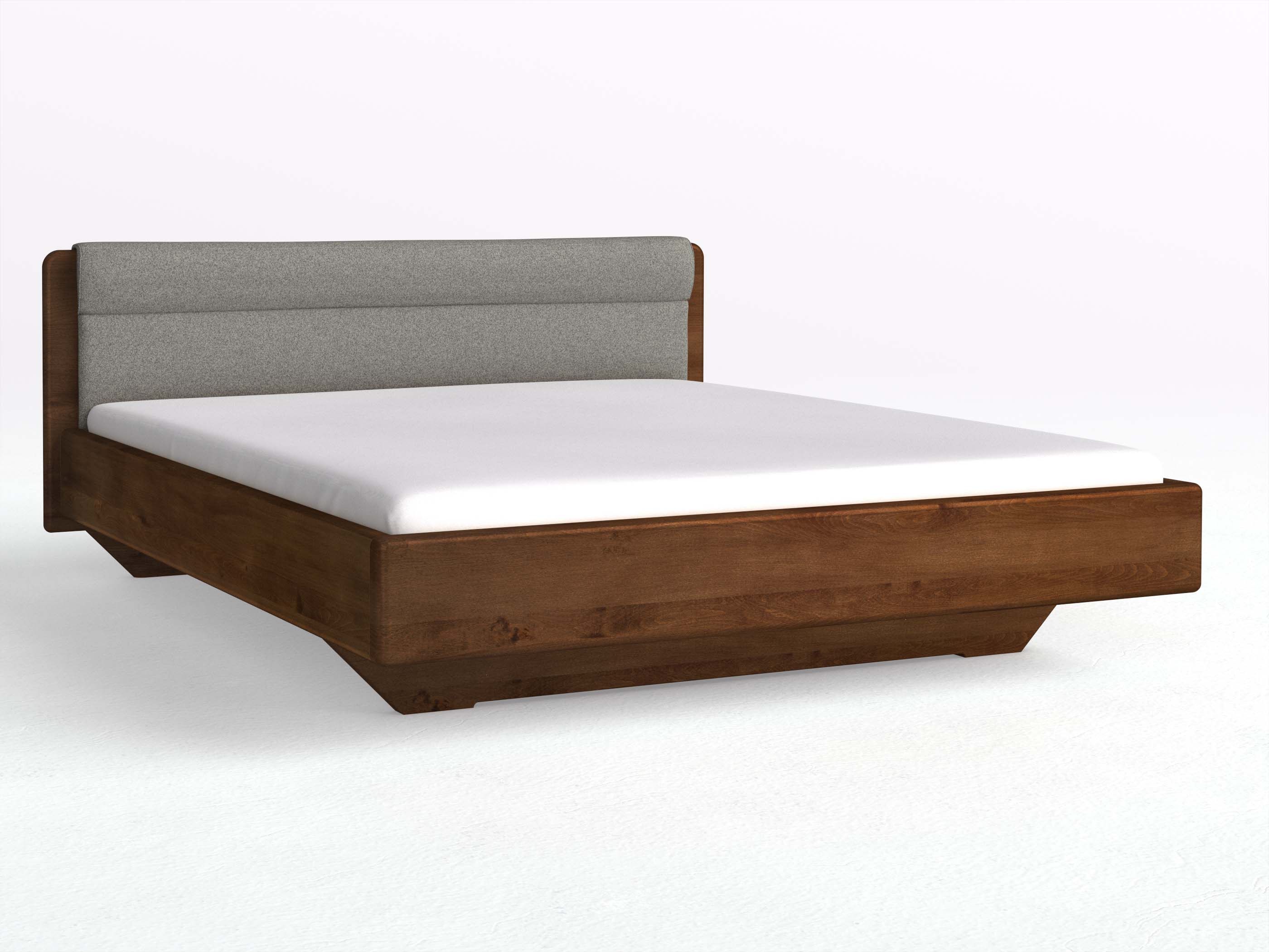 Buchenbett Dunkel „Valentina“ in 180 x 200 cm, mit Stoffkopfteil - Stoff: Schafschurwolle „Fischgrät“ in der Farbe Grauer Mohn