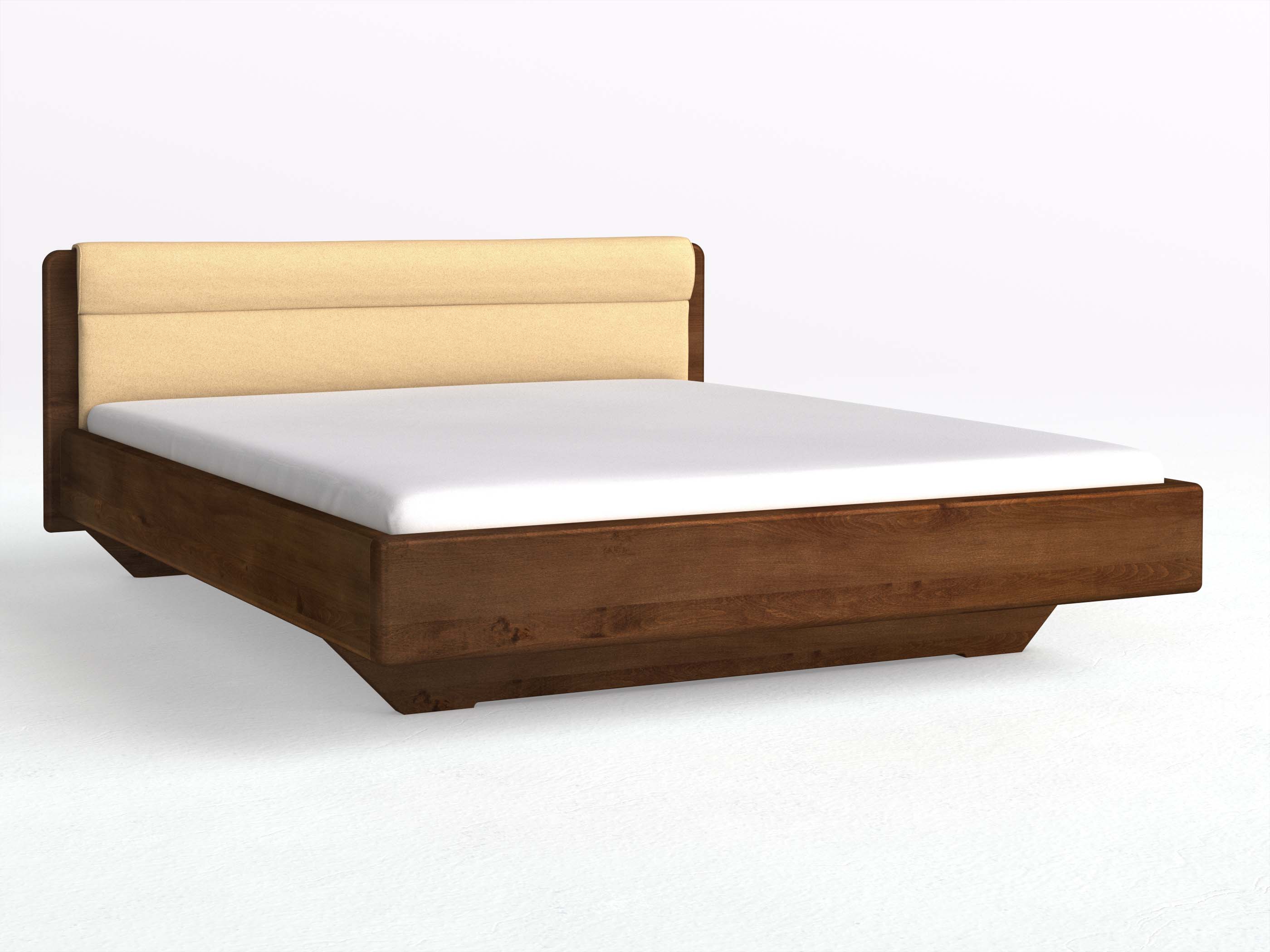 Buchenbett Dunkel „Valentina“ in 180 x 200 cm, mit Stoffkopfteil - Stoff: Schafschurwolle „Fischgrät“ in der Farbe Goldhirse