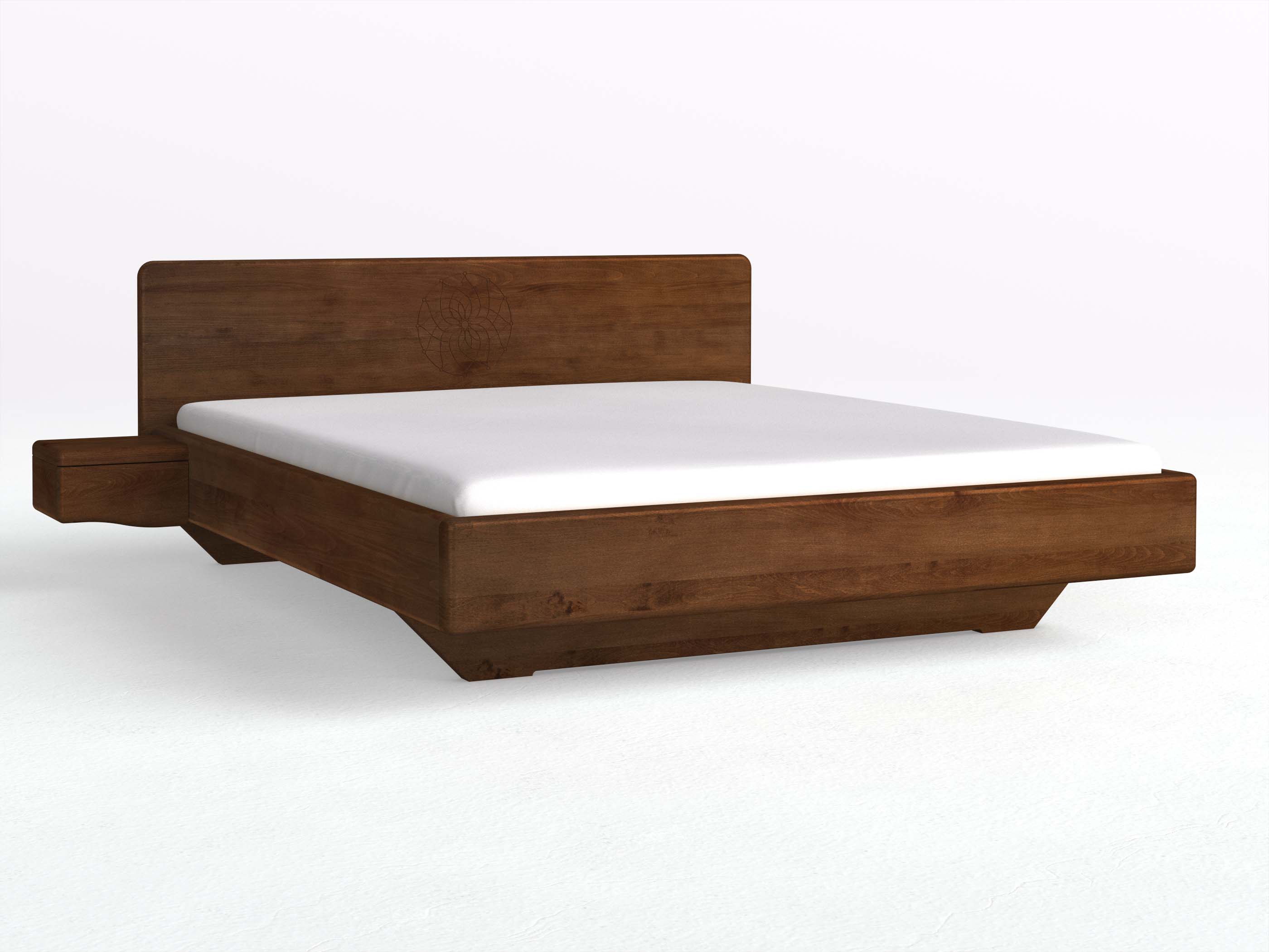 Buchenbett Dunkel „Valentina“ mit 2 Nachttischen Griff: Welle und der Gravur „Traumfänger“