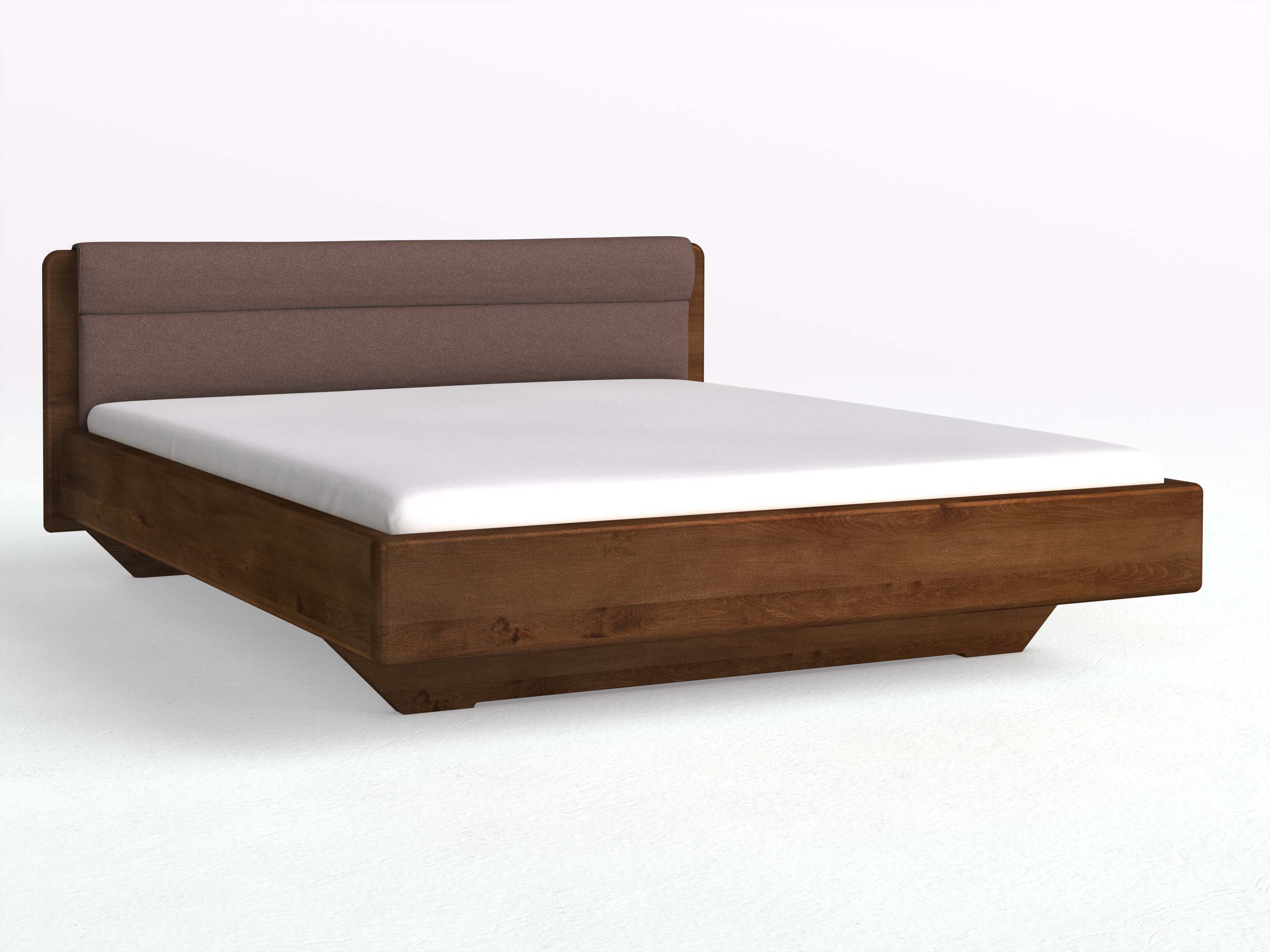 Buchenbett Dunkel „Valentina“ in 180 x 200 cm, mit Stoffkopfteil - Stoff: Schafschurwolle „Loden“ in der Farbe Abenddämmerung