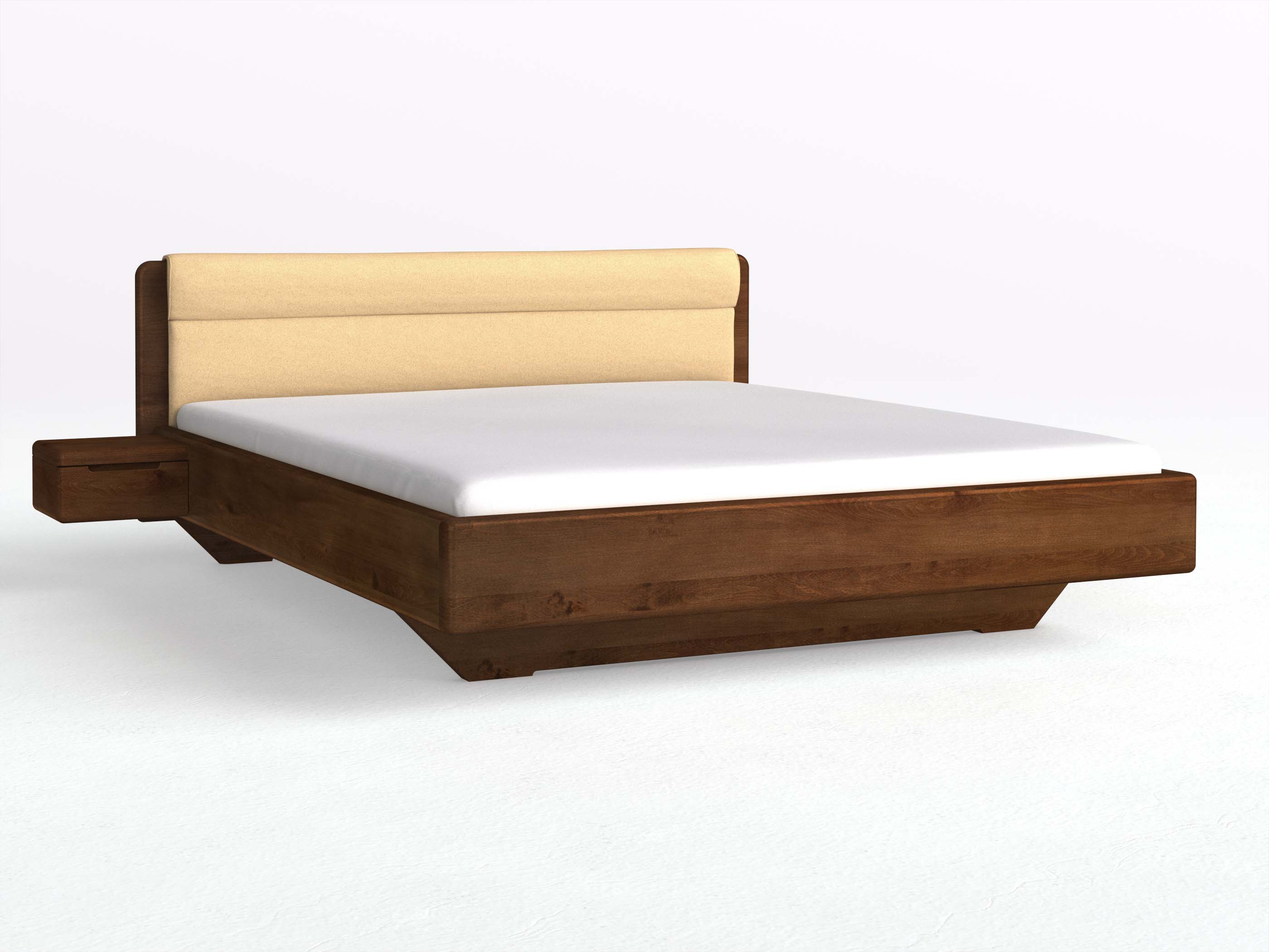 Buchenbett Dunkel „Valentina“ in 180 x 200 cm mit 2 Nachttischen - Griff: Griffleiste B und mit Stoffkopfteil - Stoff: Schafschurwolle „Fischgrät“ in der Farbe Goldhirse