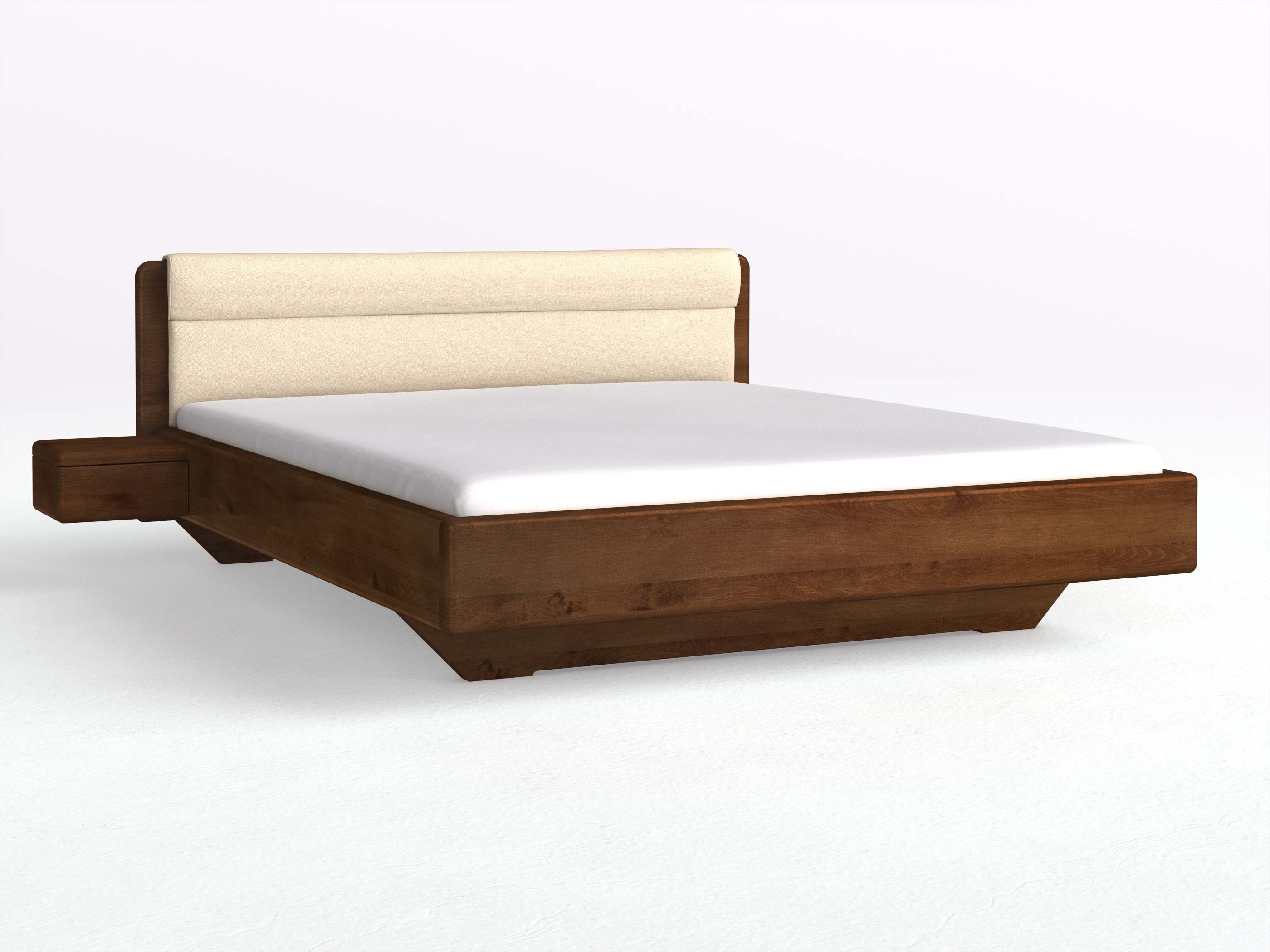 Buchenbett Dunkel „Valentina“ in 180 x 200 cm mit 2 Nachttischen - Griff: Grifflos und mit Stoffkopfteil - Stoff: Schafschurwolle „Fischgrät“ in der Farbe Holunderblüte