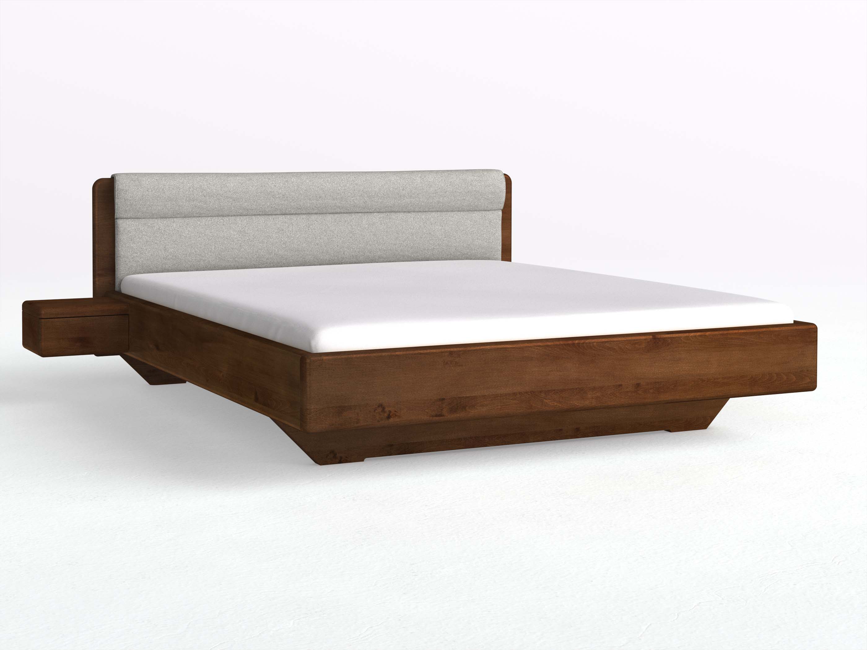 Buchenbett Dunkel „Valentina“ in 180 x 200 cm mit 2 Nachttischen - Griff: Grifflos und mit Stoffkopfteil - Stoff: Schafschurwolle „Loden“ in der Farbe Nebelgrau