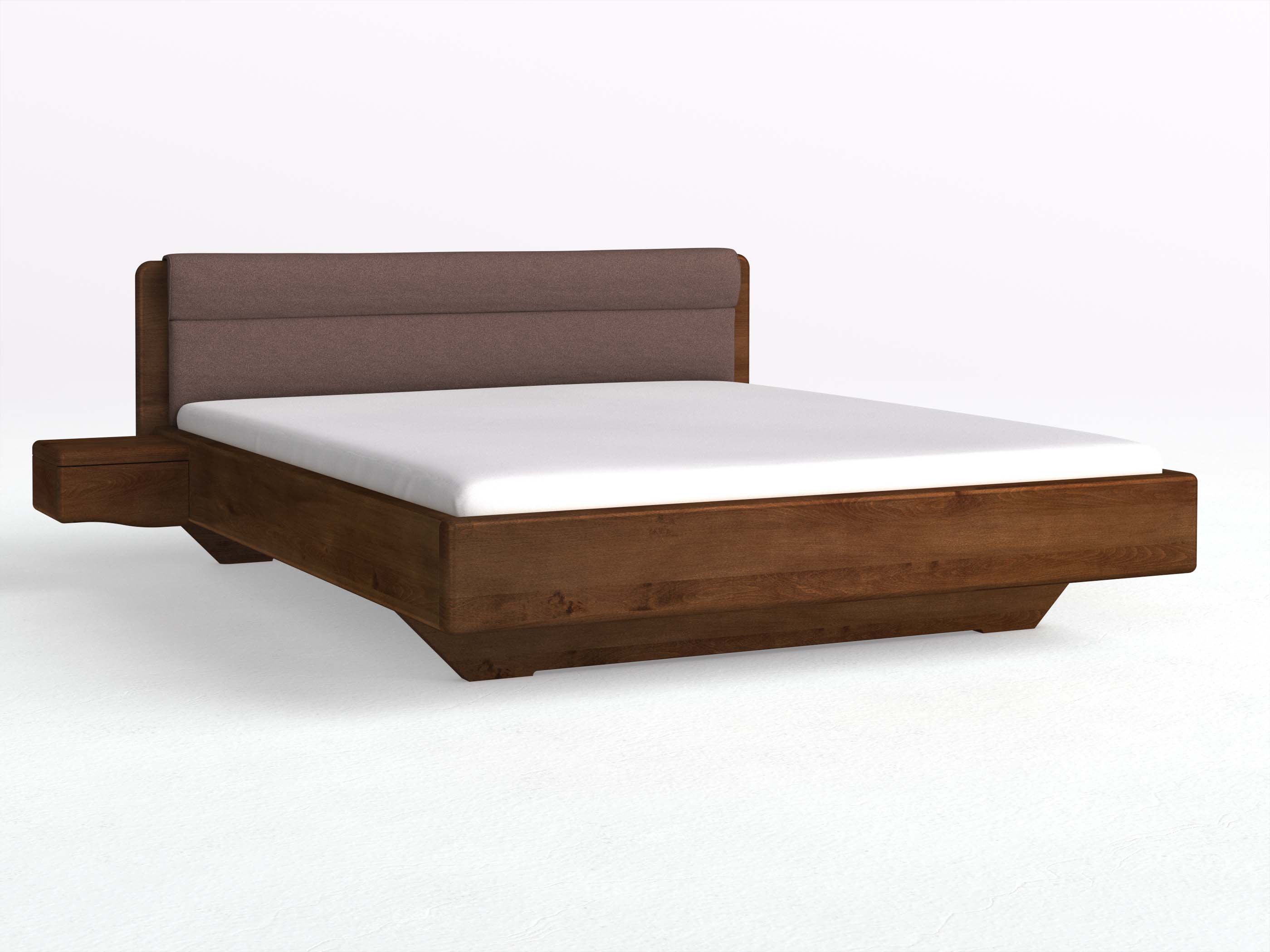 Buchenbett Dunkel „Valentina“ in 180 x 200 cm mit 2 Nachttischen - Griff: Welle und mit Stoffkopfteil - Stoff: Schafschurwolle „Loden“ in der Farbe Abenddämmerung