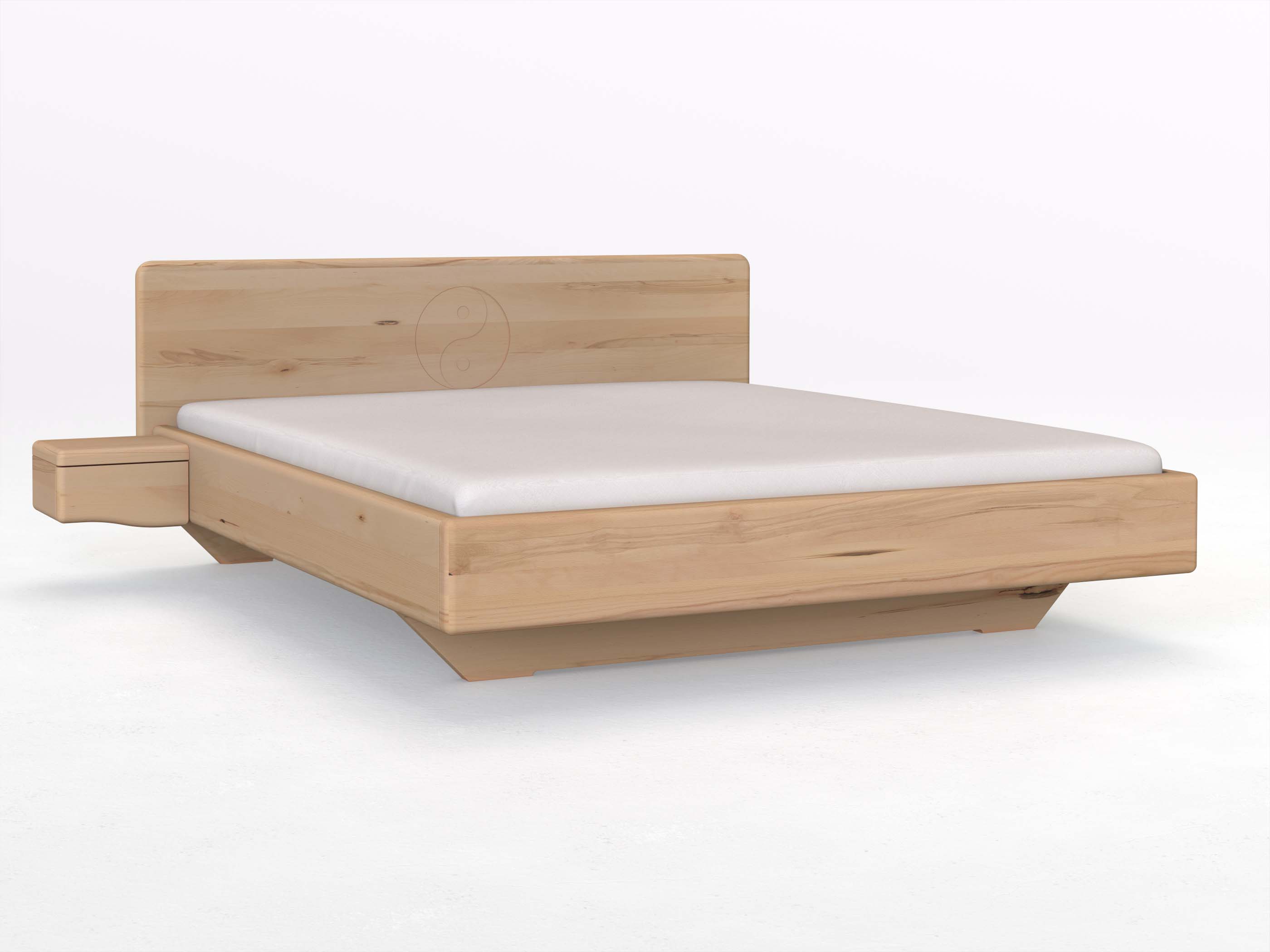 Buchenbett „Valentina“ mit 2 Nachttischen Griff: Welle und der Gravur „Yin + Yang“