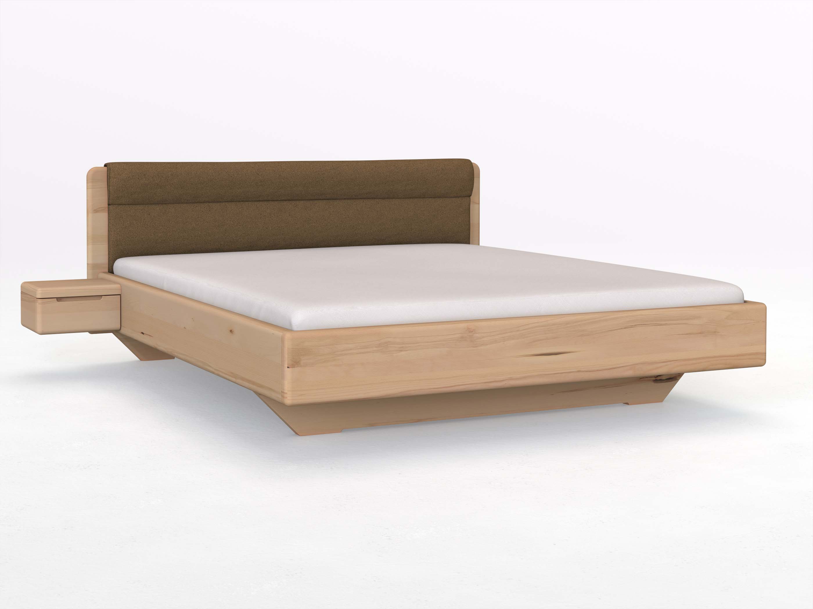 Buchenbett „Valentina“ in 180 x 200 cm mit 2 Nachttischen - Griff: Griffleiste B und mit Stoffkopfteil - Stoff: Schafschurwolle „Loden“ in der Farbe Zimtrinde