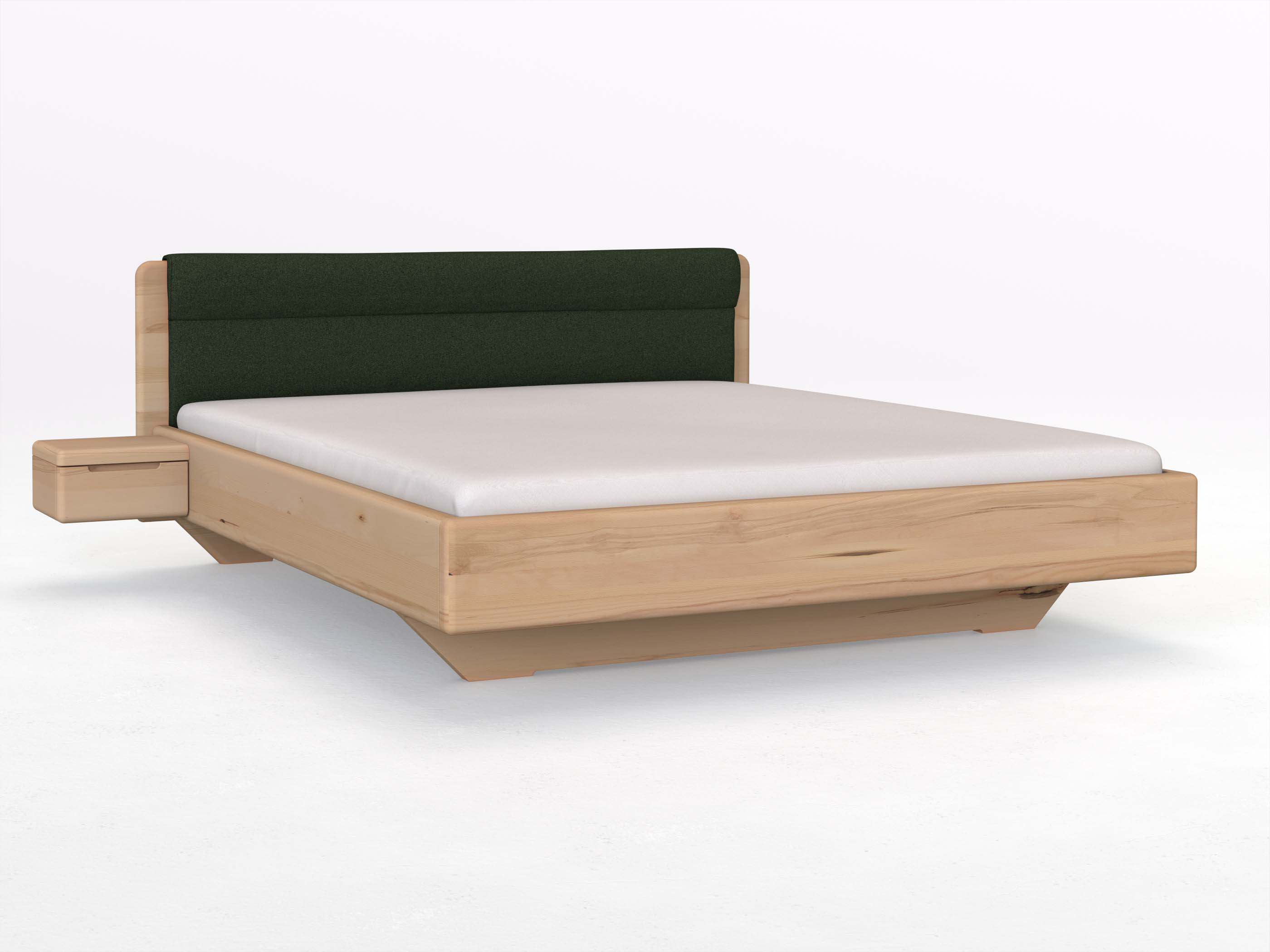 Buchenbett „Valentina“ in 180 x 200 cm mit 2 Nachttischen - Griff: Griffleiste B und mit Stoffkopfteil - Stoff: Schafschurwolle „Loden“ in der Farbe Tannenwald