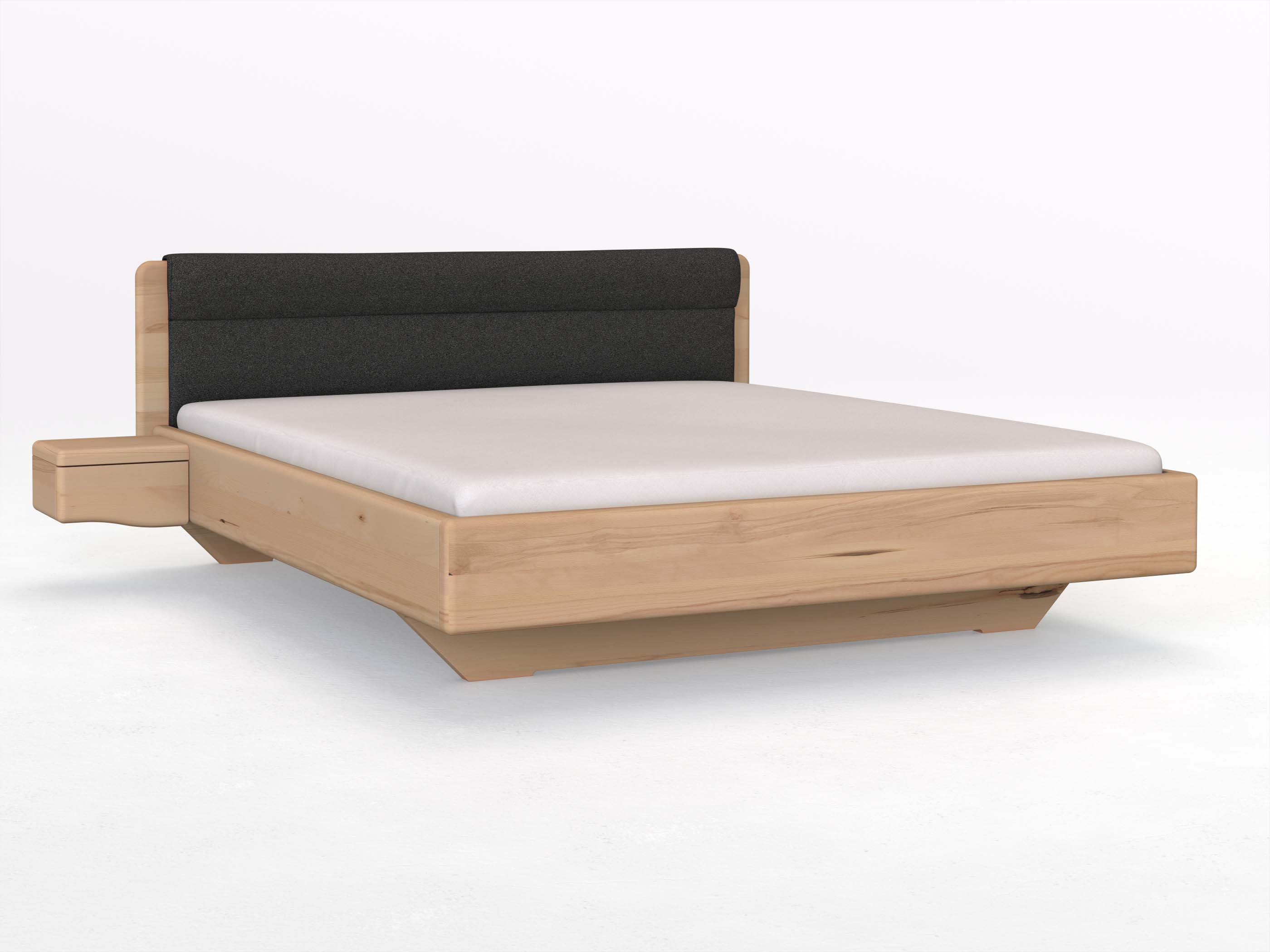 Buchenbett „Valentina“ in 180 x 200 cm mit 2 Nachttischen - Griff: Welle und mit Stoffkopfteil - Stoff: Schafschurwolle „Loden“ in der Farbe Anthrazit