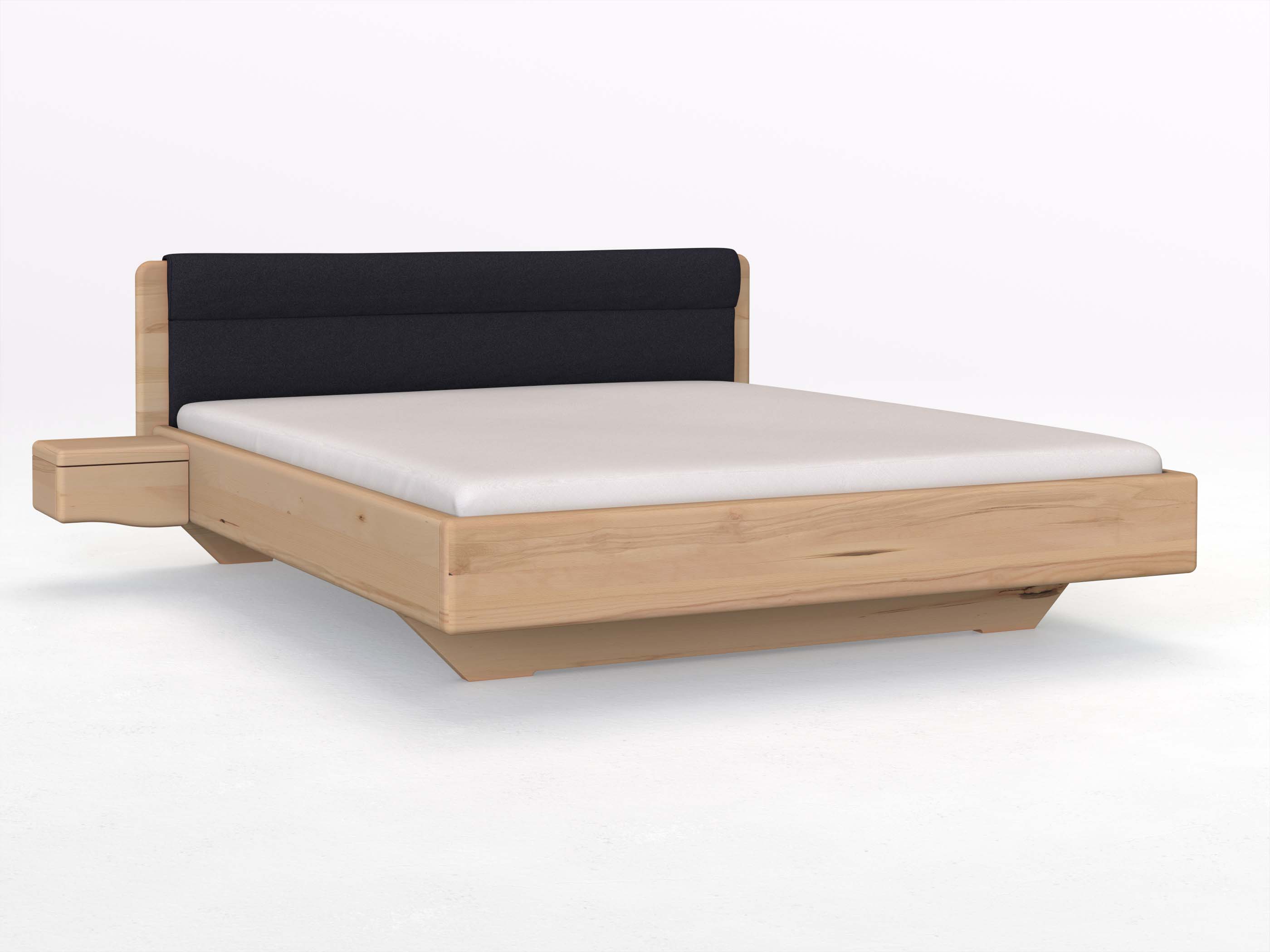 Buchenbett „Valentina“ in 180 x 200 cm mit 2 Nachttischen - Griff: Welle und mit Stoffkopfteil - Stoff: Schafschurwolle „Loden“ in der Farbe Nachtblau