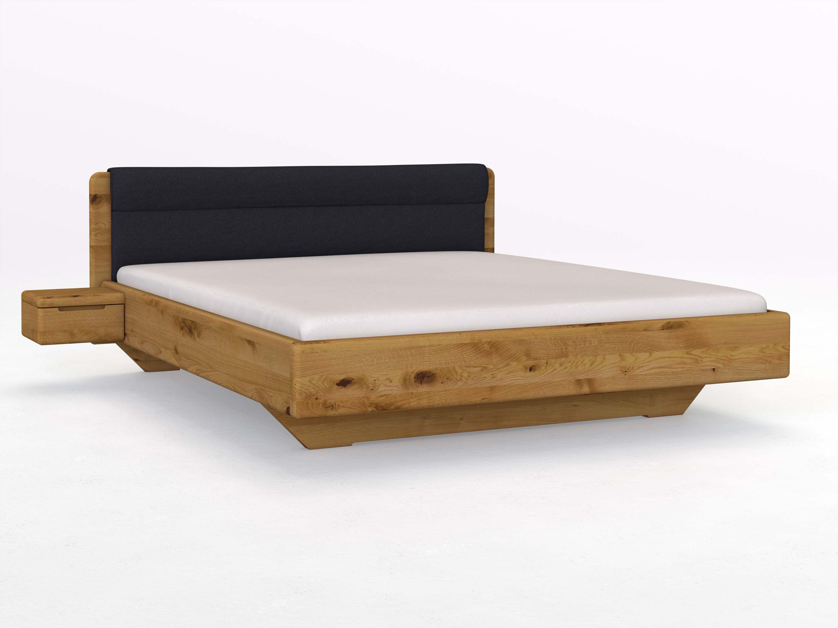 Wildeichenbett „Valentina“ in 180 x 200 cm mit 2 Nachttischen - Griff: Griffleiste B und mit Stoffkopfteil - Stoff: Schafschurwolle „Loden“ in der Farbe Nachtblau