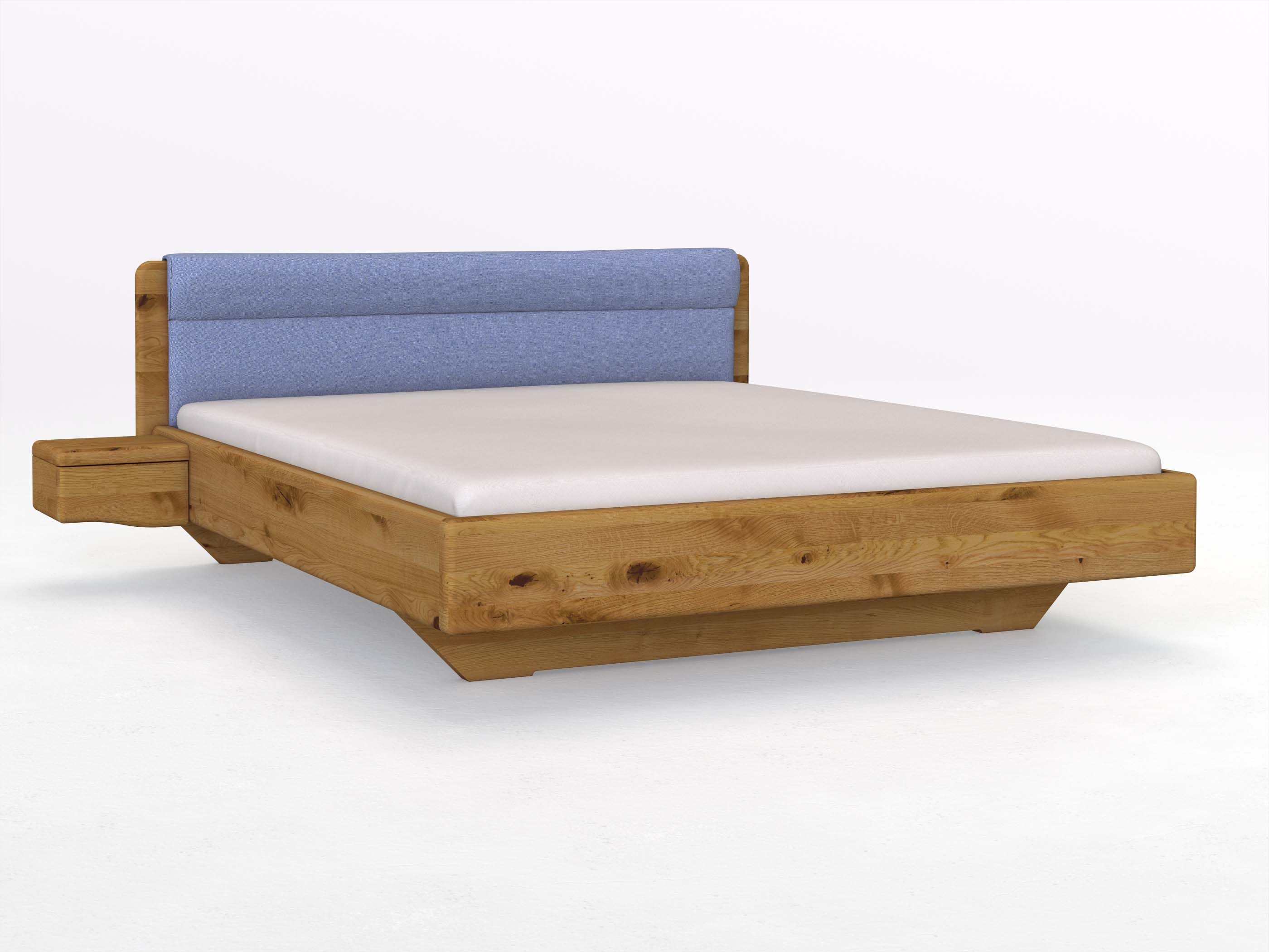 Wildeichenbett „Valentina“ in 180 x 200 cm mit 2 Nachttischen - Griff: Welle und mit Stoffkopfteil - Stoff: Schafschurwolle „Fischgrät“ in der Farbe Kornblume