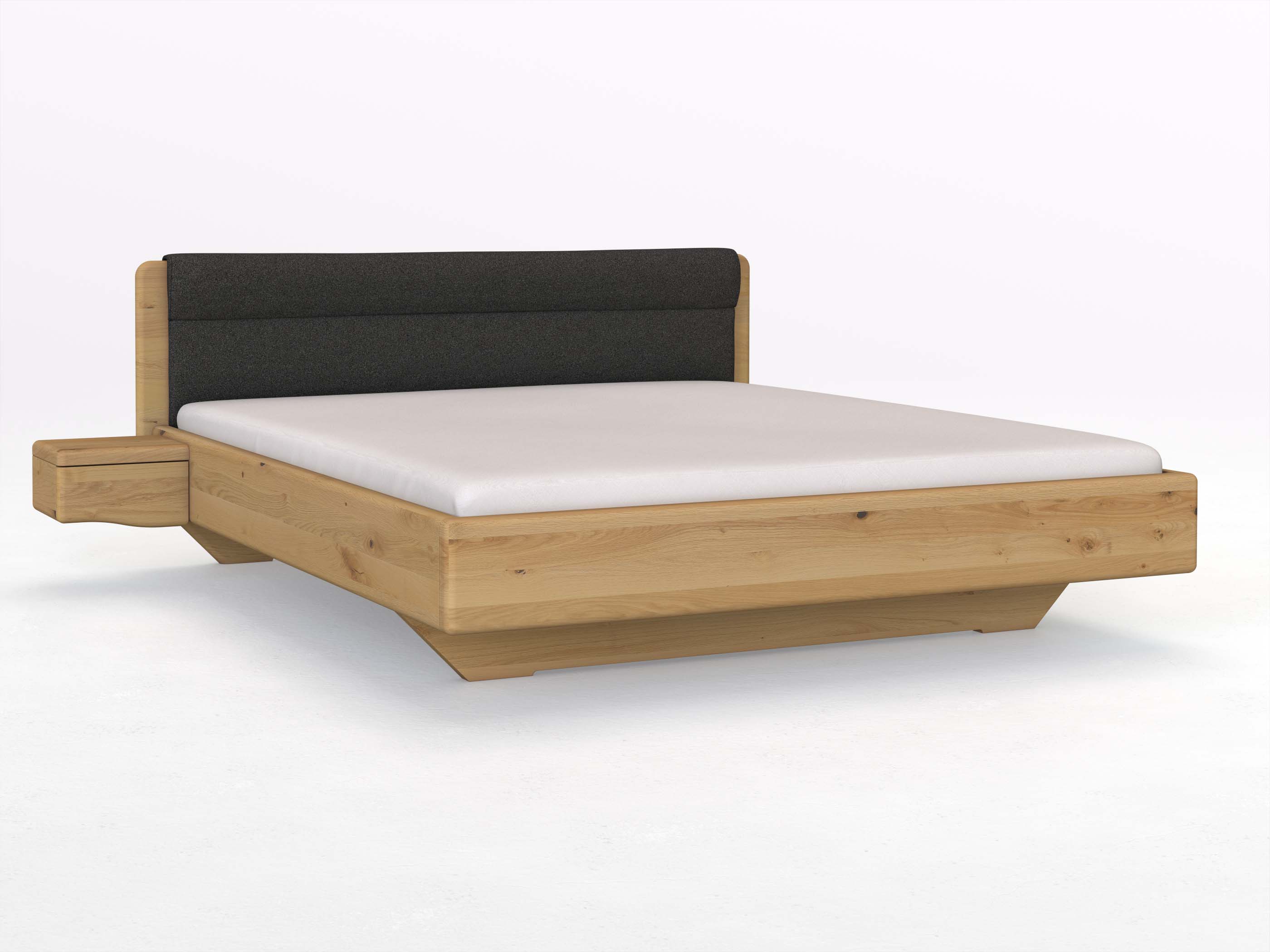 Wildeichenbett Hell „Valentina“ in 180 x 200 cm mit 2 Nachttischen - Griff: Welle und mit Stoffkopfteil - Stoff: Schafschurwolle „Loden“ in der Farbe Anthrazit