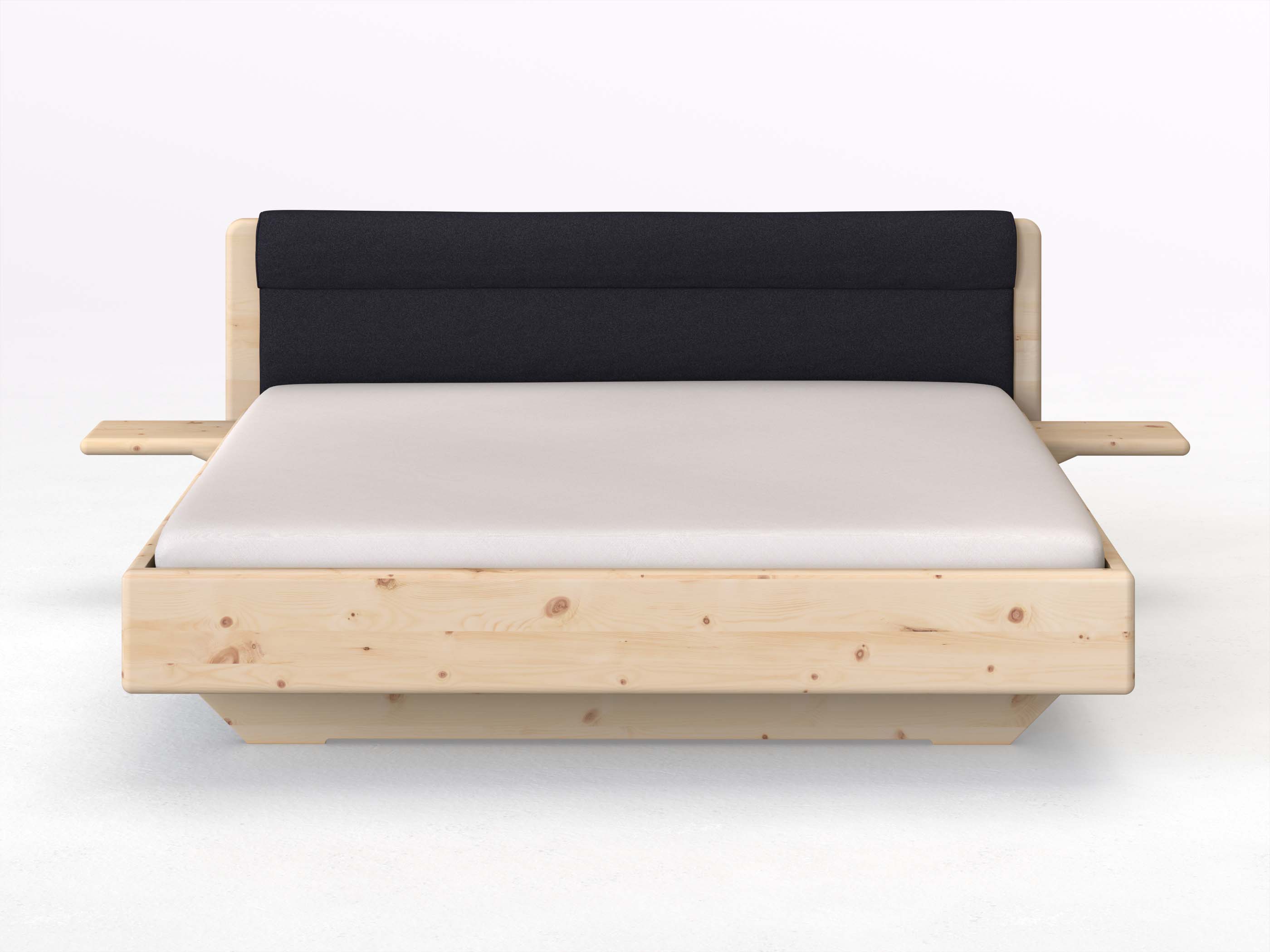Zirbenbett „Valentina“ in 180 x 200 cm mit 2 Ablagen und Stoffkopfteil - Stoff: Schafschurwolle „Loden“ in der Farbe Nachtblau