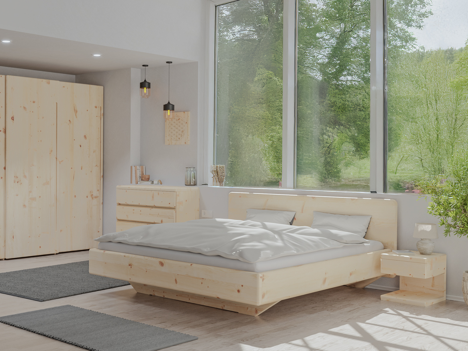 Schlafzimmer mit Zirbenbett „Valentina“ in 180 x 200 cm