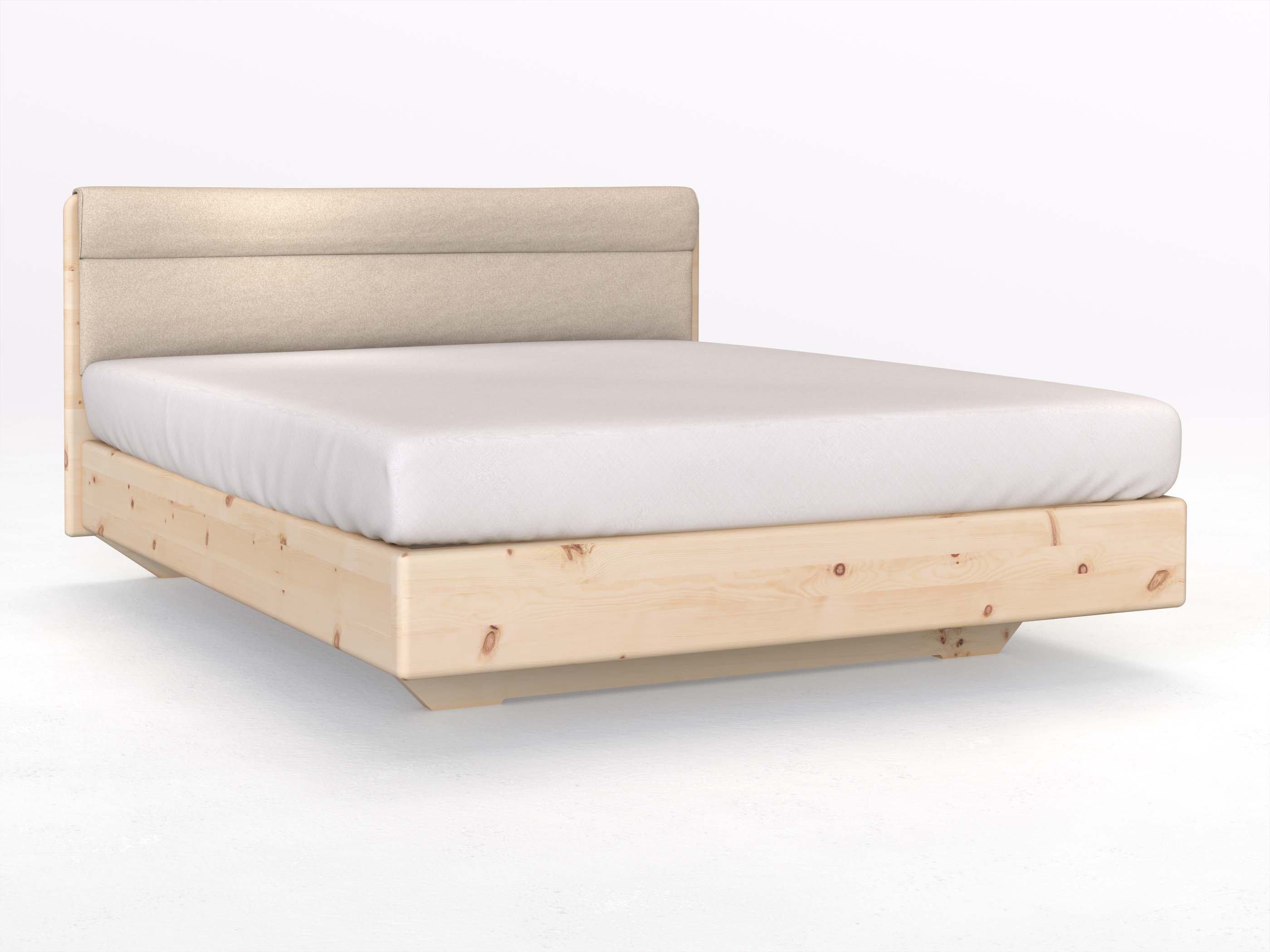 Zirbenbett „Valentina“ Boxspring in 180 x 200 cm mit geradem Kopfteil, mit Stoffkopfteil - Stoff: Schafschurwolle „Fischgrät“ in der Farbe Holunderblüte
