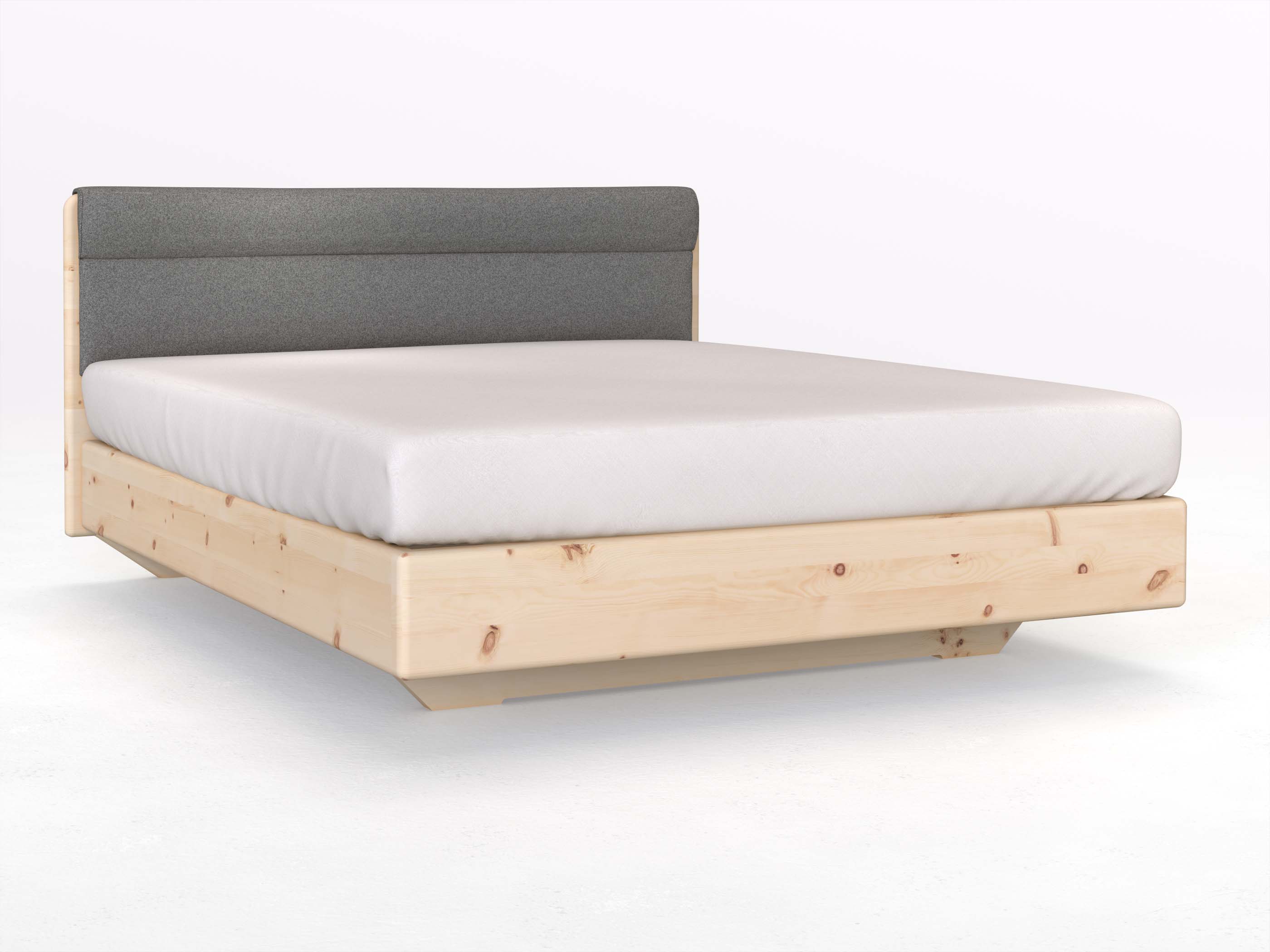 Zirbenbett „Valentina“ Boxspring in 180 x 200 cm mit geradem Kopfteil, mit Stoffkopfteil - Stoff: Schafschurwolle „Fischgrät“ in der Farbe Grauer Mohn