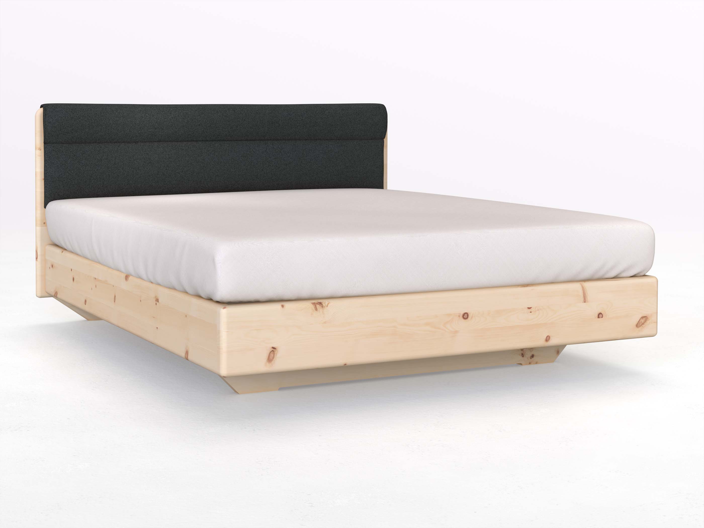 Zirbenbett „Valentina“ Boxspring in 180 x 200 cm mit geradem Kopfteil, mit Stoffkopfteil - Stoff: Schafschurwolle „Fischgrät“ in der Farbe Wacholderbeere