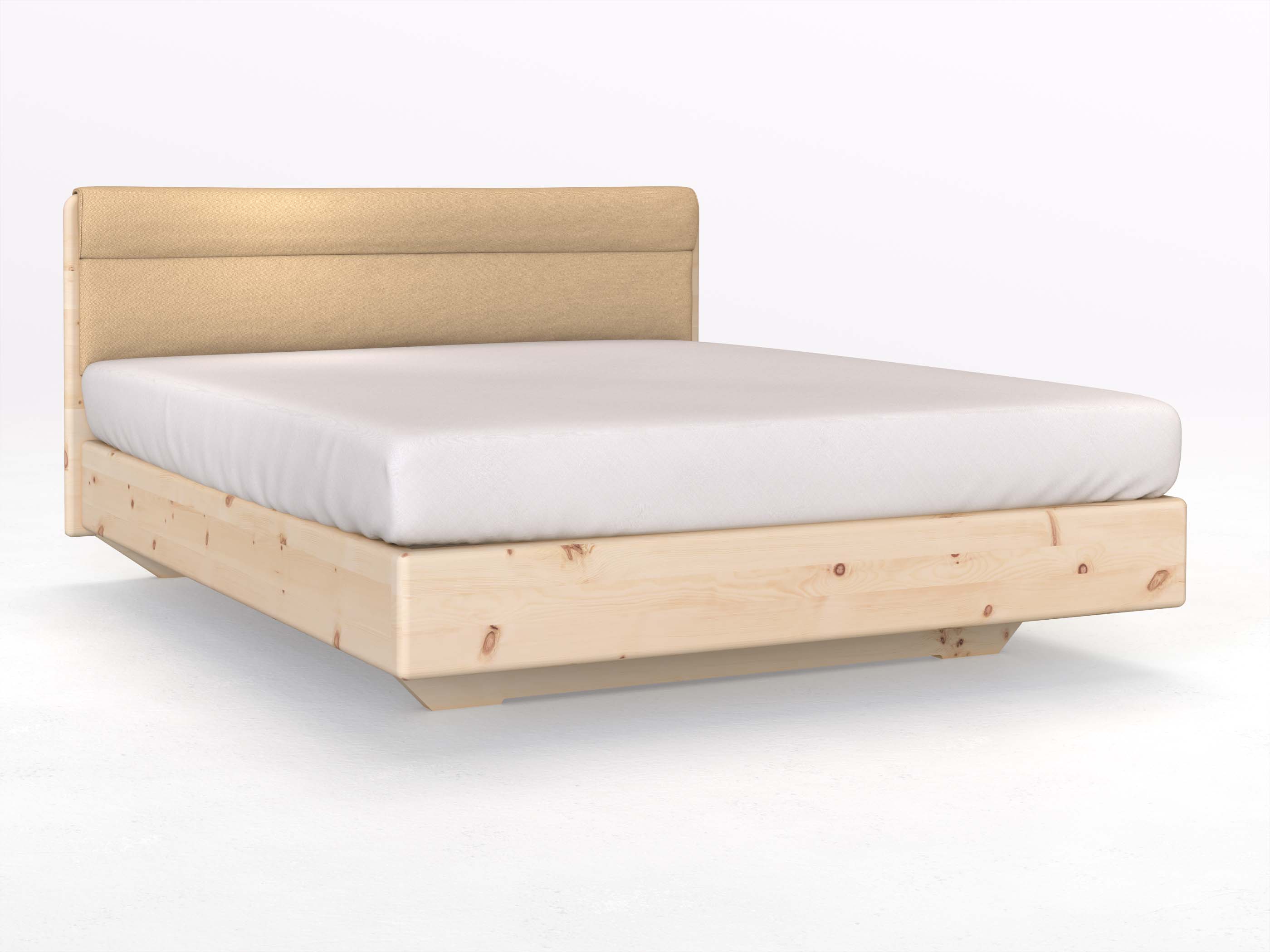 Zirbenbett „Valentina“ Boxspring in 180 x 200 cm mit geradem Kopfteil, mit Stoffkopfteil - Stoff: Schafschurwolle „Fischgrät“ in der Farbe Goldhirse