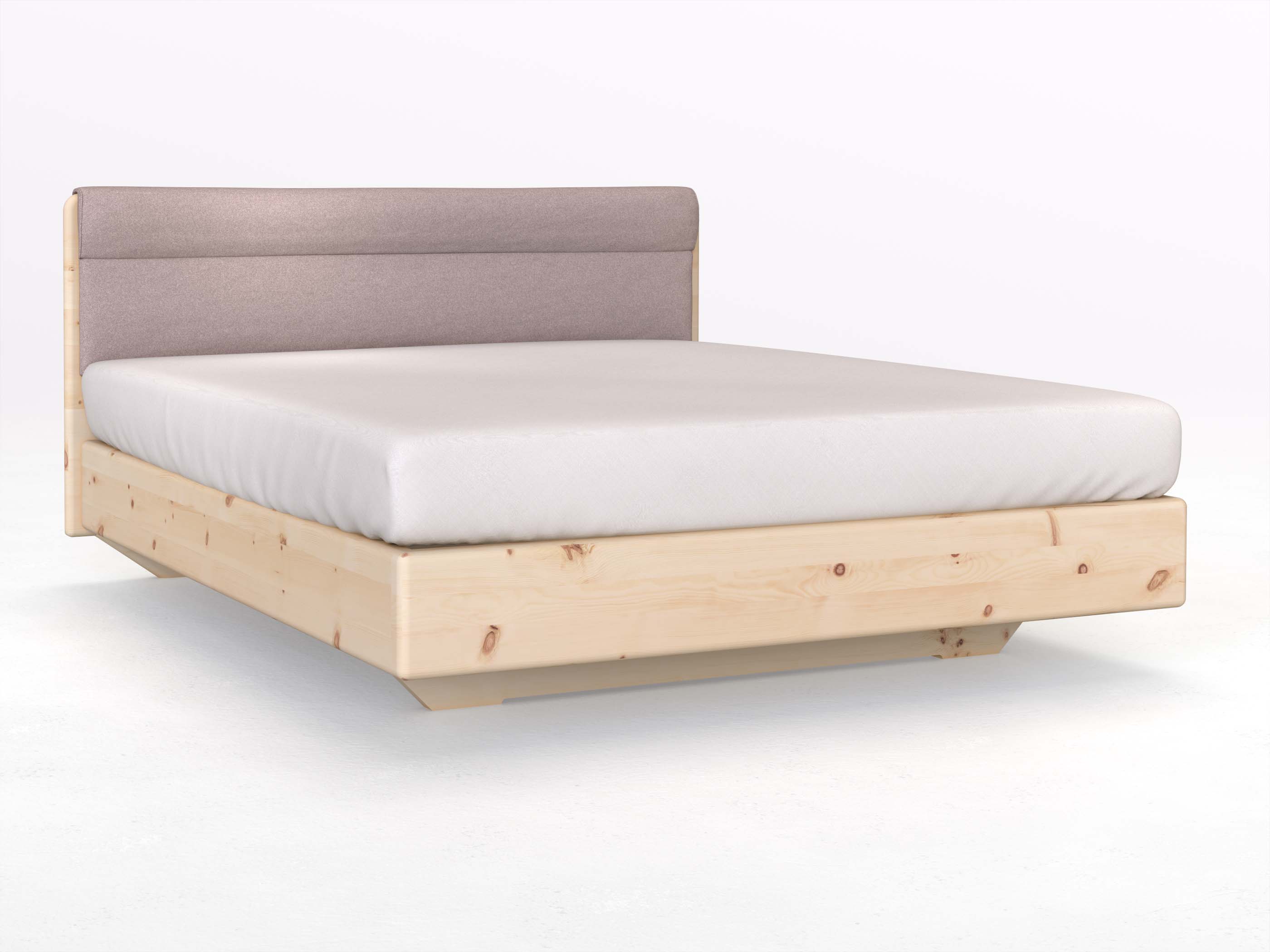 Zirbenbett „Valentina“ Boxspring in 180 x 200 cm mit geradem Kopfteil, mit Stoffkopfteil - Stoff: Schafschurwolle „Fischgrät“ in der Farbe Zartflieder