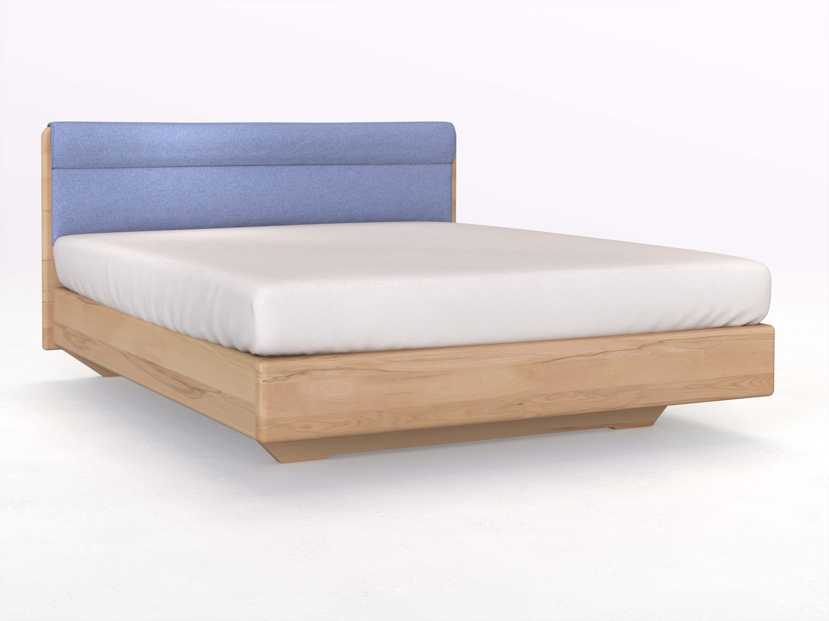 Buchenbett „Valentina“ Boxspring in 180 x 200 cm mit geradem Kopfteil, mit Stoffkopfteil - Stoff: Schafschurwolle „Fischgrät“ in der Farbe Kornblume