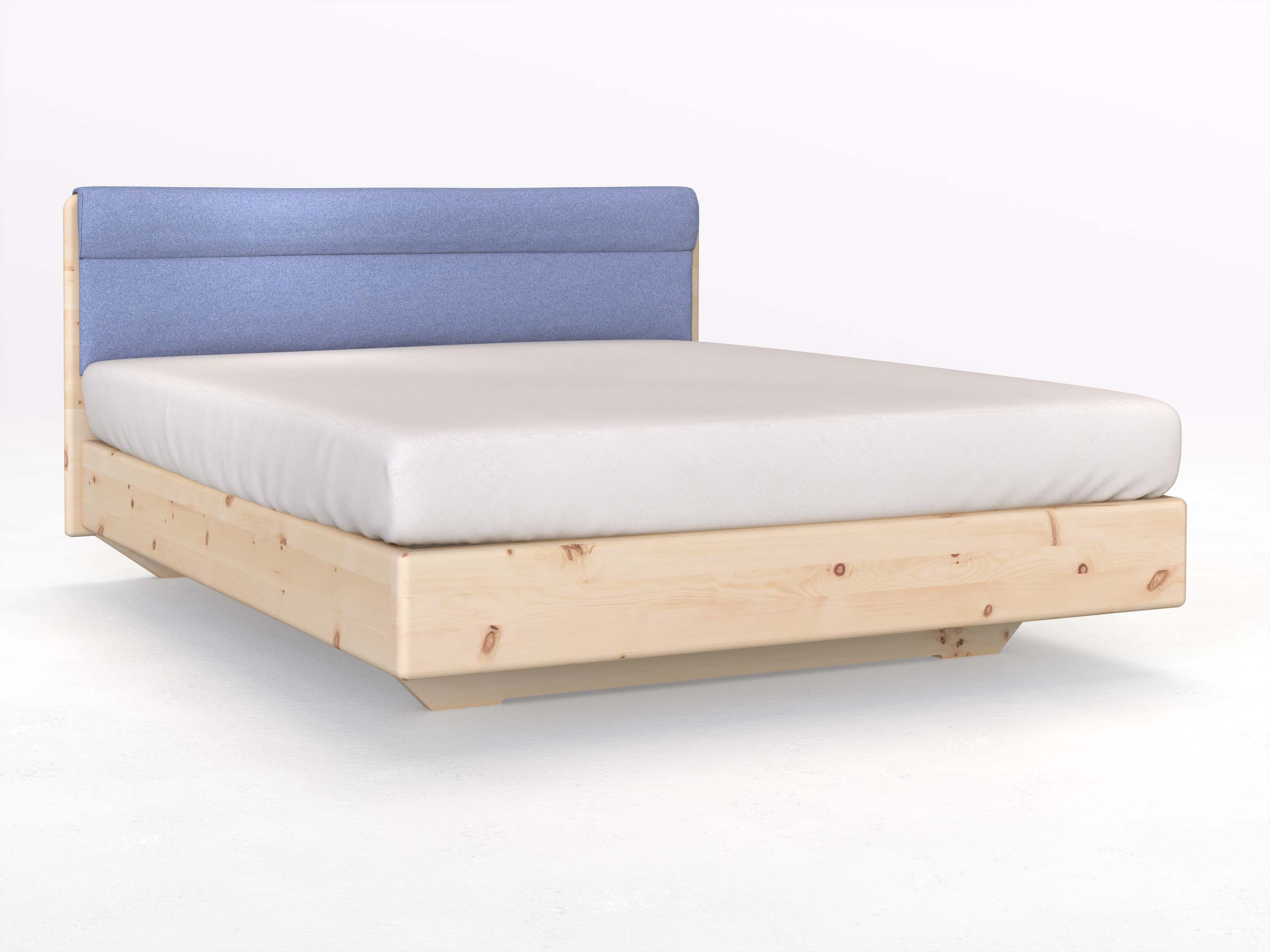 Zirbenbett „Valentina“ Boxspring in 180 x 200 cm mit geradem Kopfteil, mit Stoffkopfteil - Stoff: Schafschurwolle „Fischgrät“ in der Farbe Kornblume