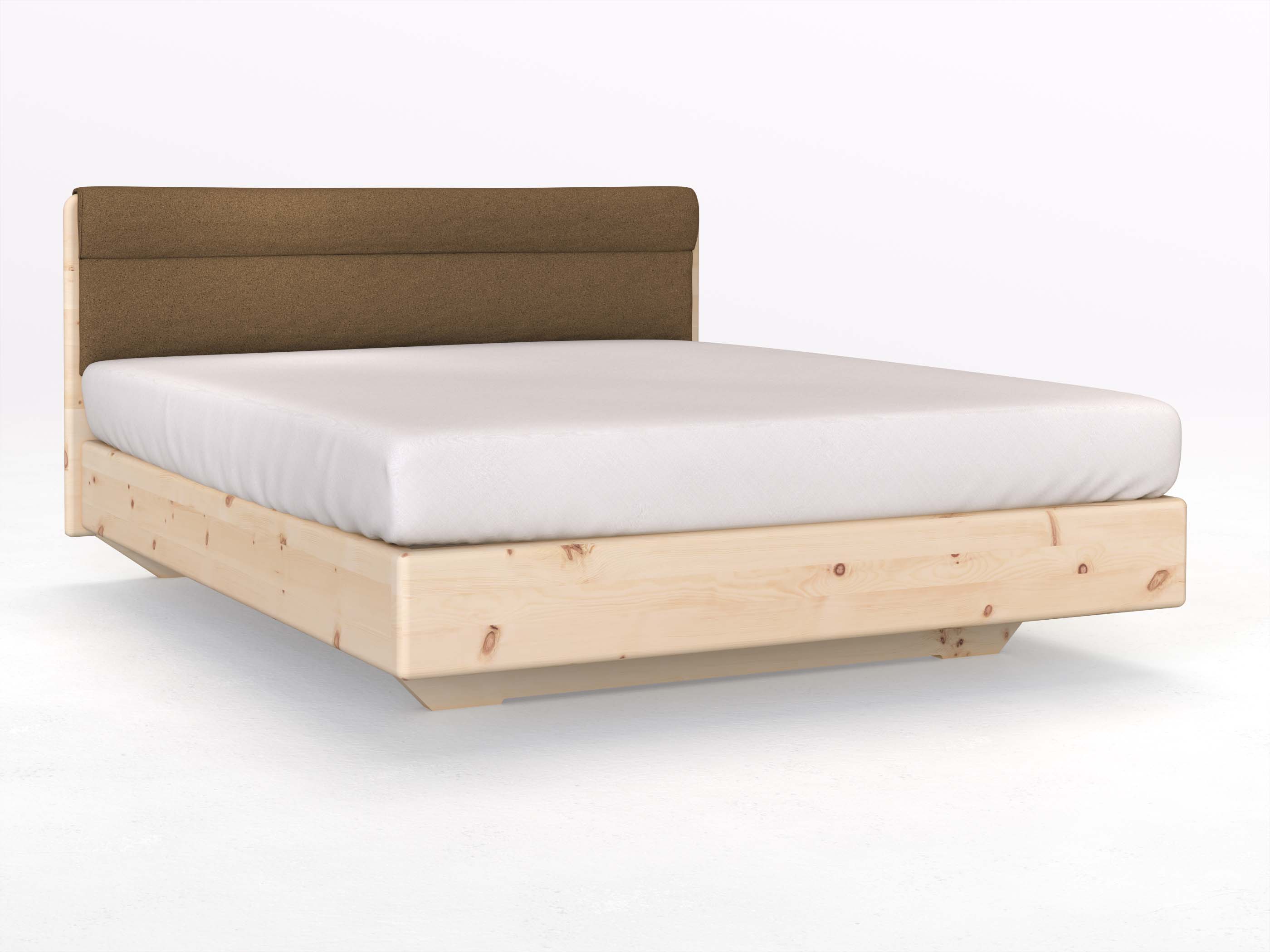 Zirbenbett „Valentina“ Boxspring in 180 x 200 cm mit geradem Kopfteil, mit Stoffkopfteil - Stoff: Schafschurwolle „Loden“ in der Farbe Zimtrinde