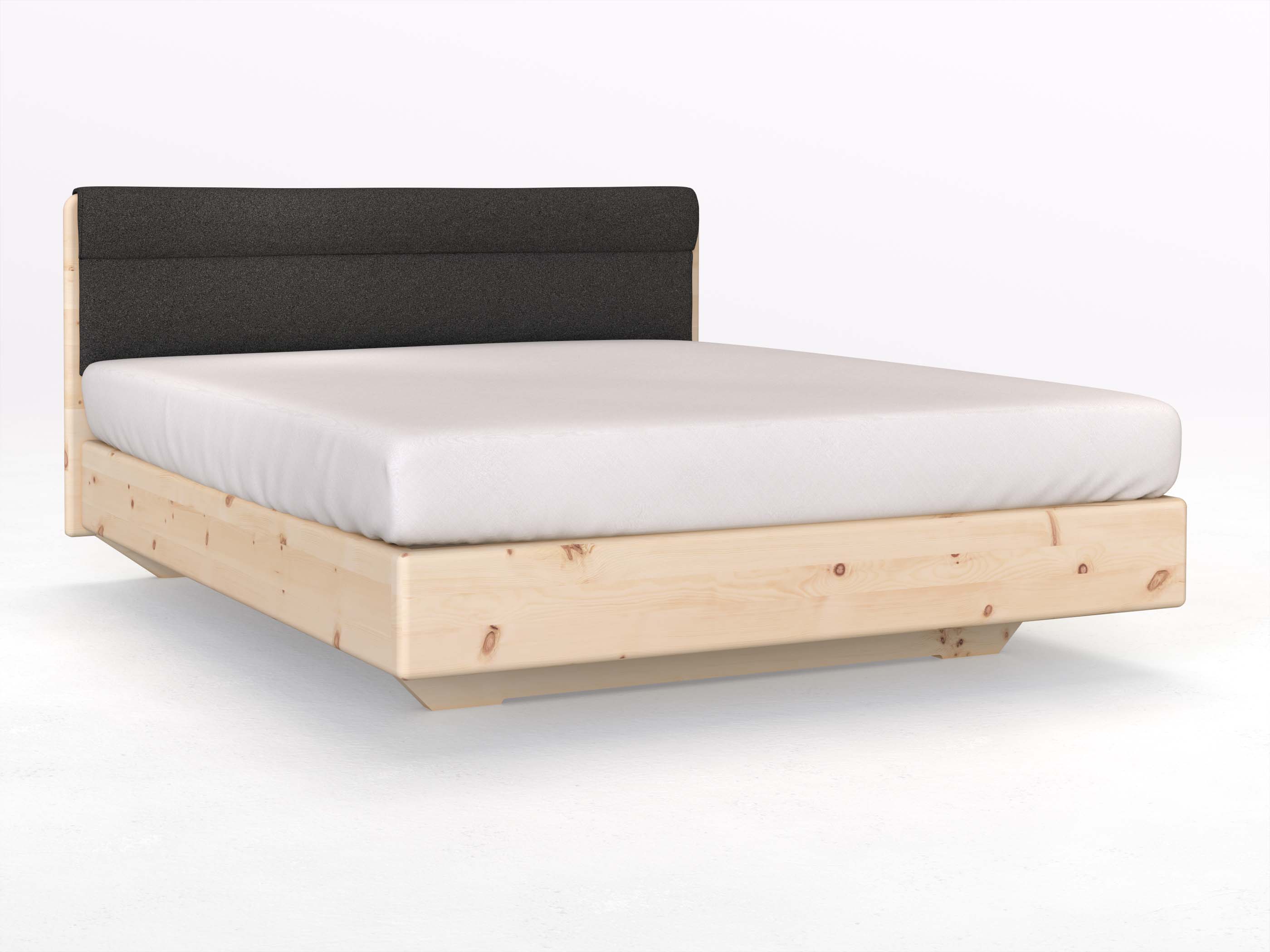 Zirbenbett „Valentina“ Boxspring in 180 x 200 cm mit geradem Kopfteil, mit Stoffkopfteil - Stoff: Schafschurwolle „Loden“ in der Farbe Anthrazit