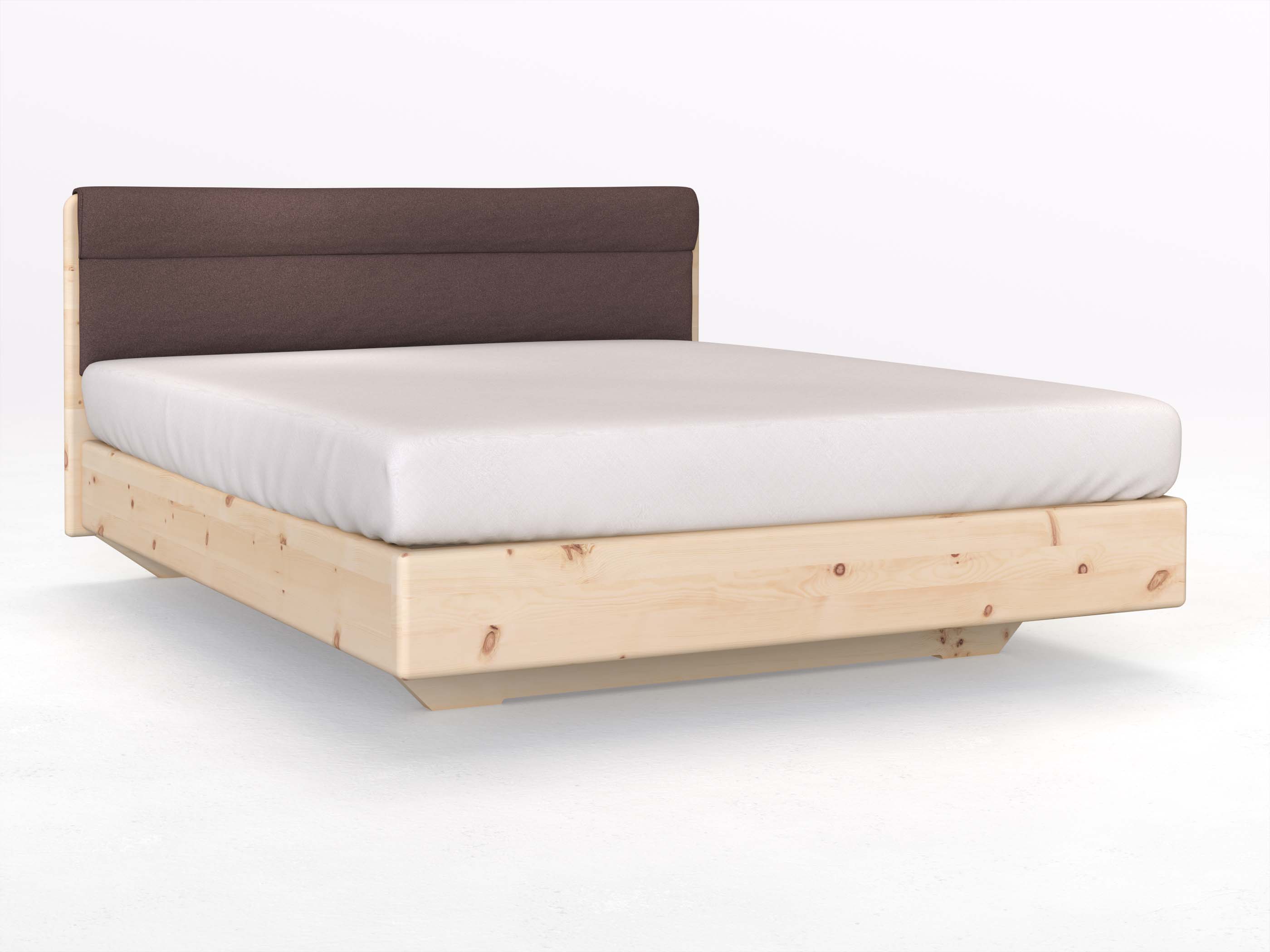 Zirbenbett „Valentina“ Boxspring in 180 x 200 cm mit geradem Kopfteil, mit Stoffkopfteil - Stoff: Schafschurwolle „Loden“ in der Farbe Abenddämmerung