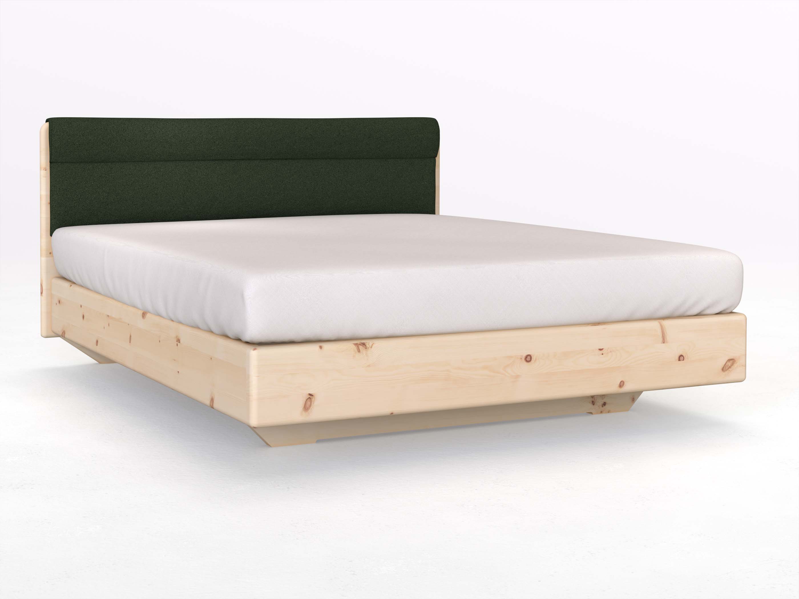 Zirbenbett „Valentina“ Boxspring in 180 x 200 cm mit geradem Kopfteil, mit Stoffkopfteil - Stoff: Schafschurwolle „Loden“ in der Farbe Tannnewald